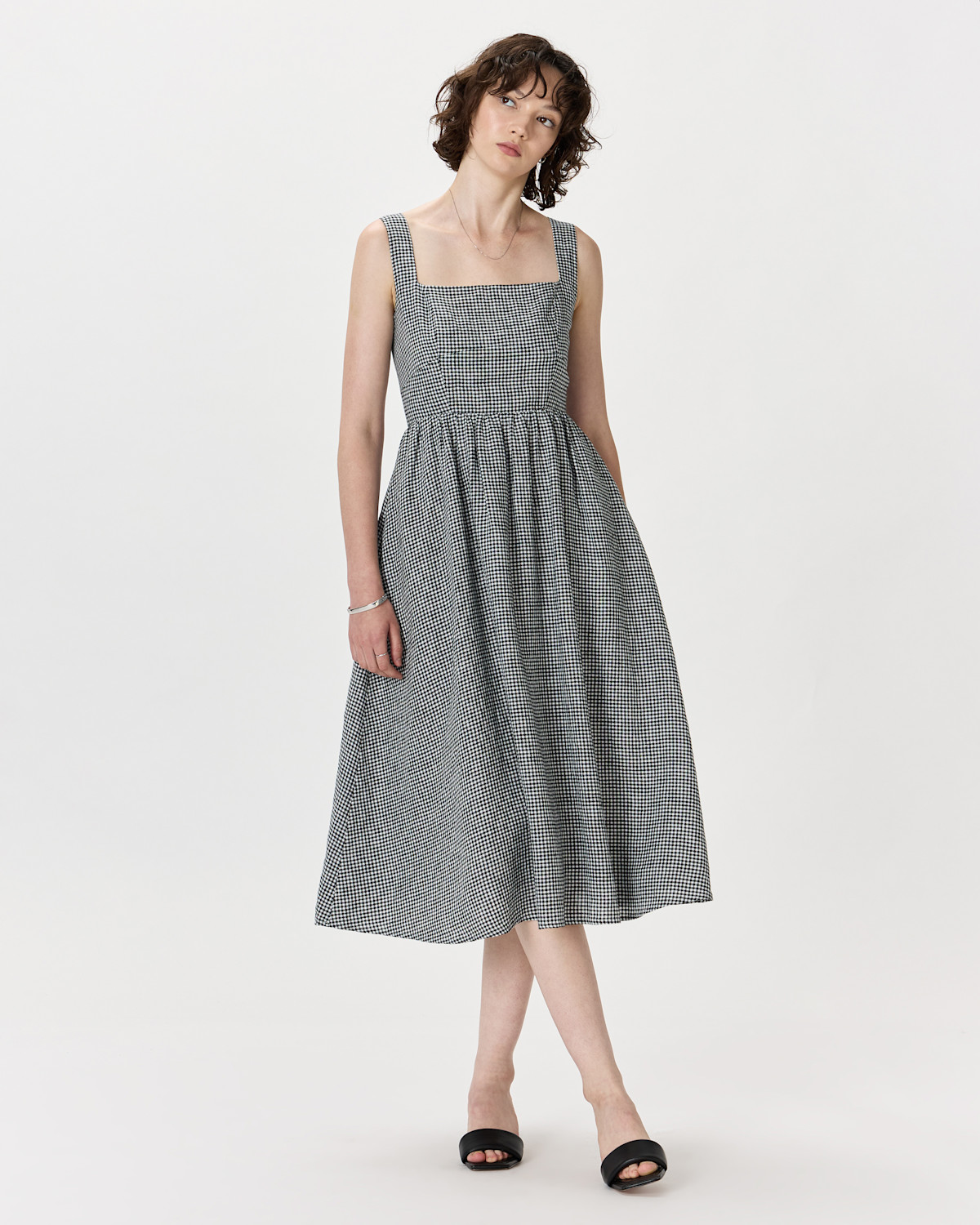 Quince 100% European Linen Fit & Flare Midi Dress in Classic Mini Gingham