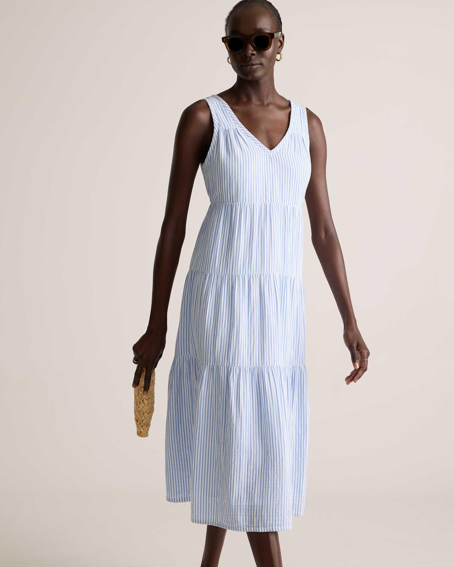 100% Organic Cotton Gauze Tiered Maxi Dress in Bayside Stripe Blue/White 100% Organic Cotton Gauze Tiered Maxi Dress in Bayside Stripe Blue/White