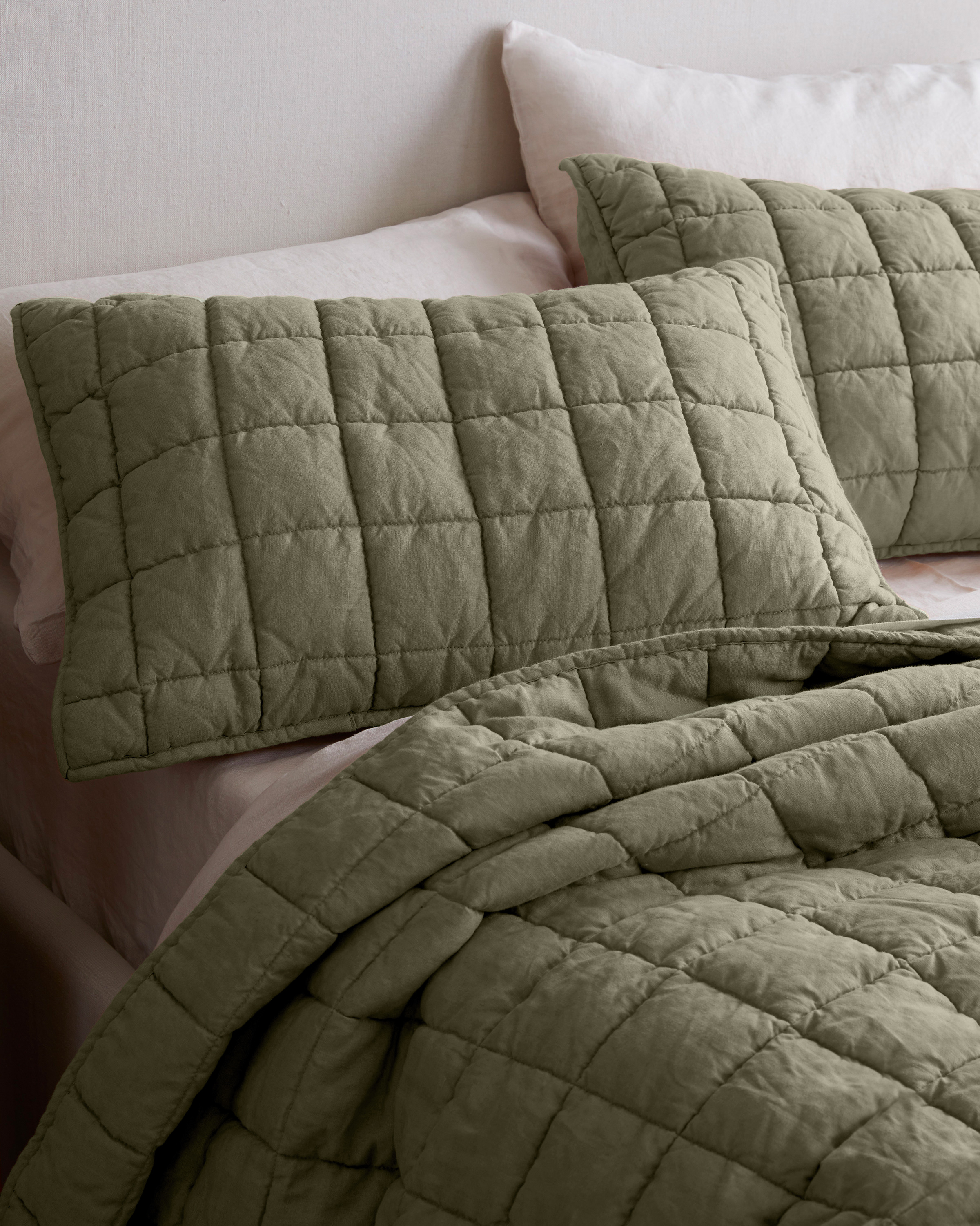 Dusty Olive European Linen Box Quilted Sham Set