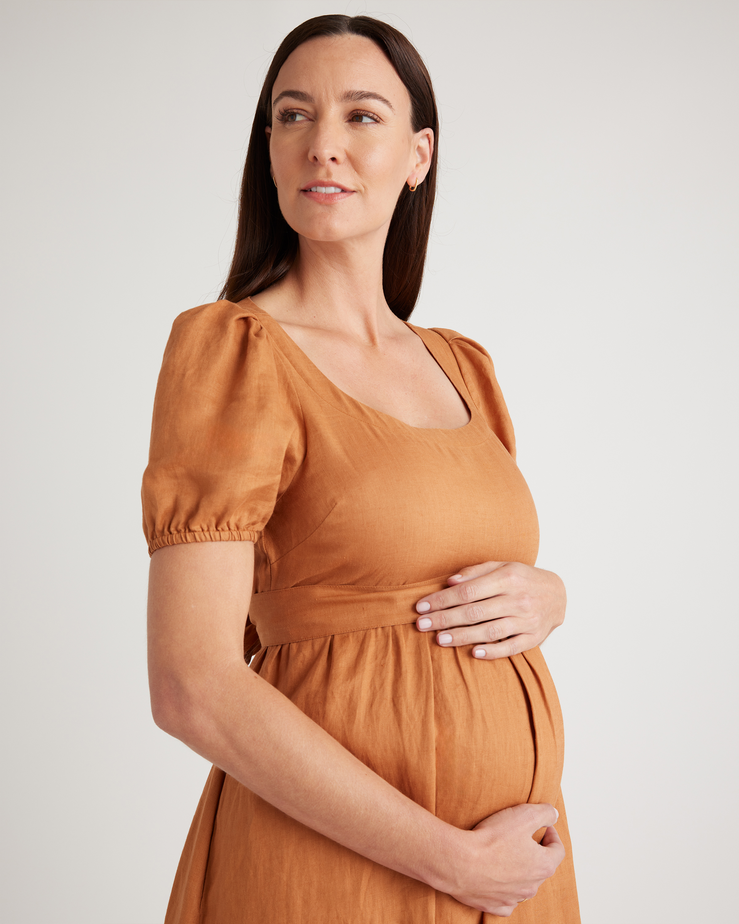 100% European Linen Maternity Short Sleeve Midi Dress in Terracotta