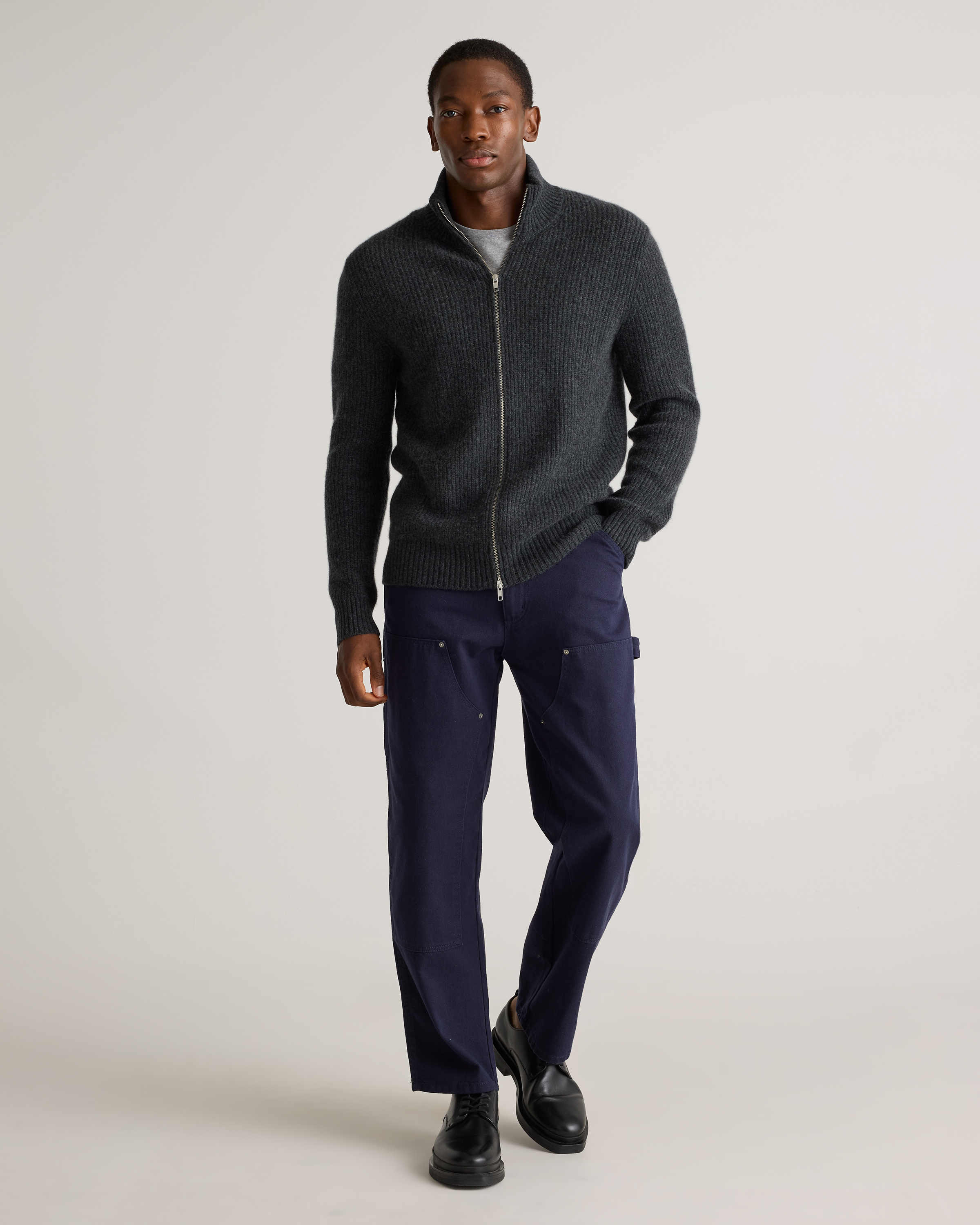 Quince Men's Mongolian Cashmere Fisherman Full Zip Sweater In Heather Charcoal