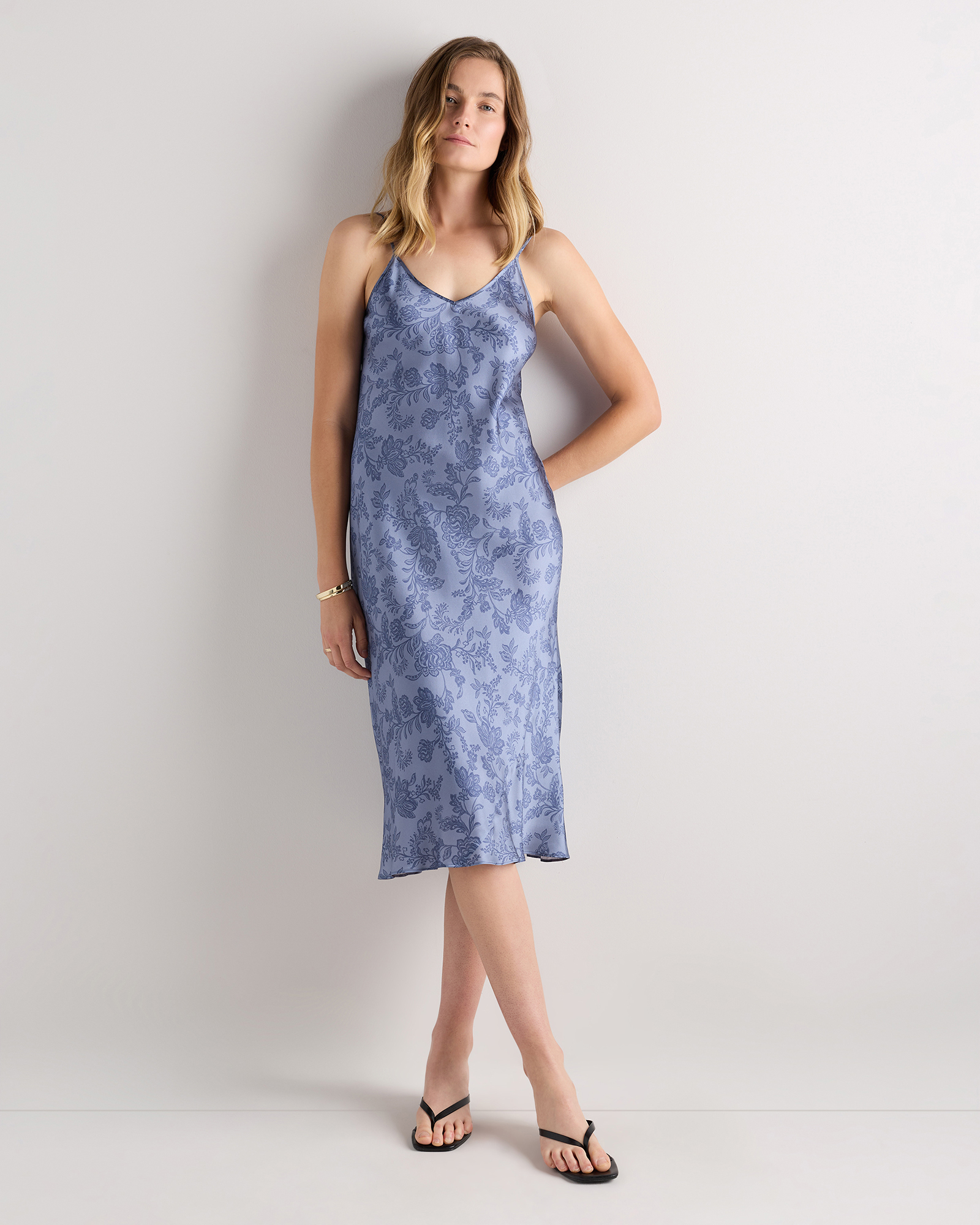 Moonstone Blue Heirloom Floral 100% Washable Silk Slip Dress