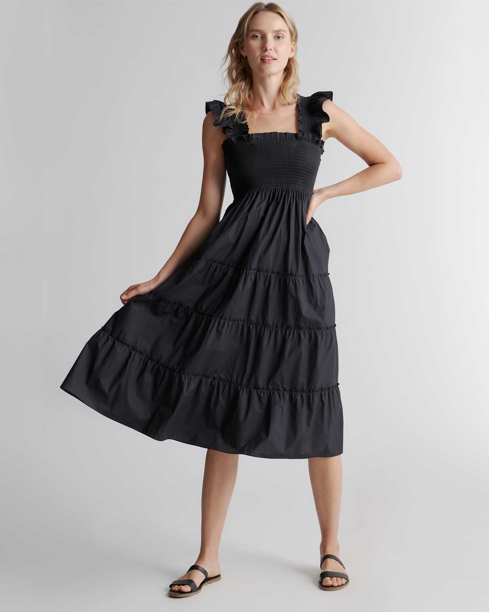 Quince Women's Poplin Smocked Midi Dress in Black, Size Small - 100% Organic Cotton, A-line Cut, Ruffle Detailing Quince Women's Poplin Smocked Midi Dress in Black, Size Small - 100% Organic Cotton, A-line Cut, Ruffle Detailing