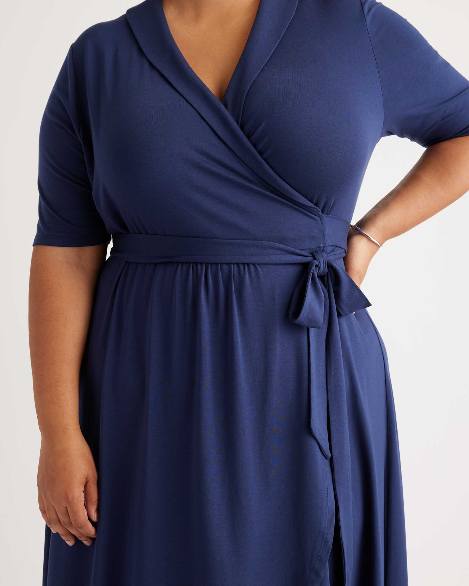 Quince Women's Tencel Jersey Midi Wrap Dress, Navy, Size 3X - Eco-Friendly, Comfortable, Modern Length, Rounded Collar Quince Women's Tencel Jersey Midi Wrap Dress, Navy, Size 3X - Eco-Friendly, Comfortable, Modern Length, Rounded Collar