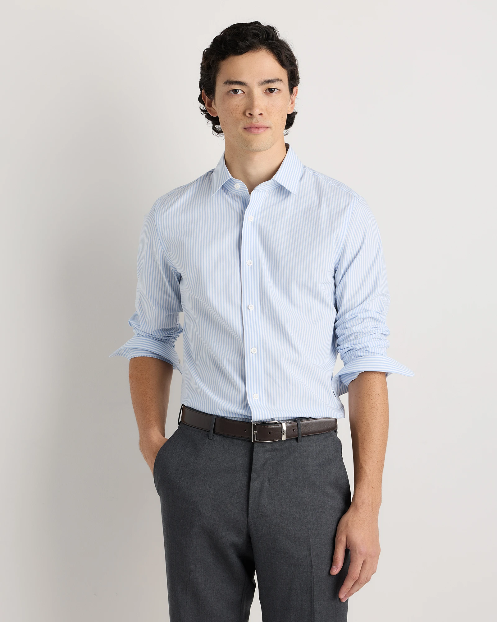 Men's Organic Cotton Stretch Poplin Dress Shirt - Slim Fit in Light Blue Stripe