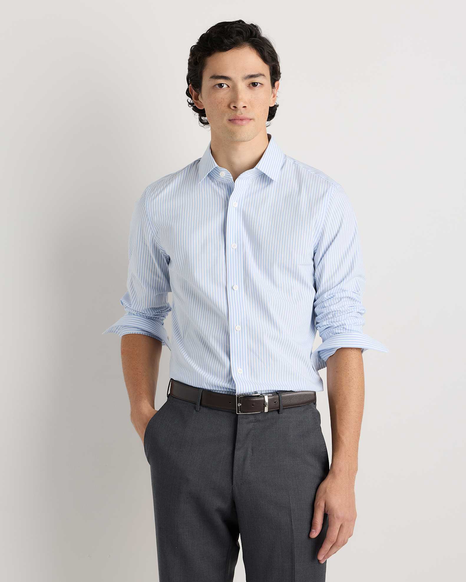 Men's Stretch Poplin Dress Shirt in Light Blue Stripe, Size Large, Organic Cotton by Quince Men's Stretch Poplin Dress Shirt in Light Blue Stripe, Size Large, Organic Cotton by Quince