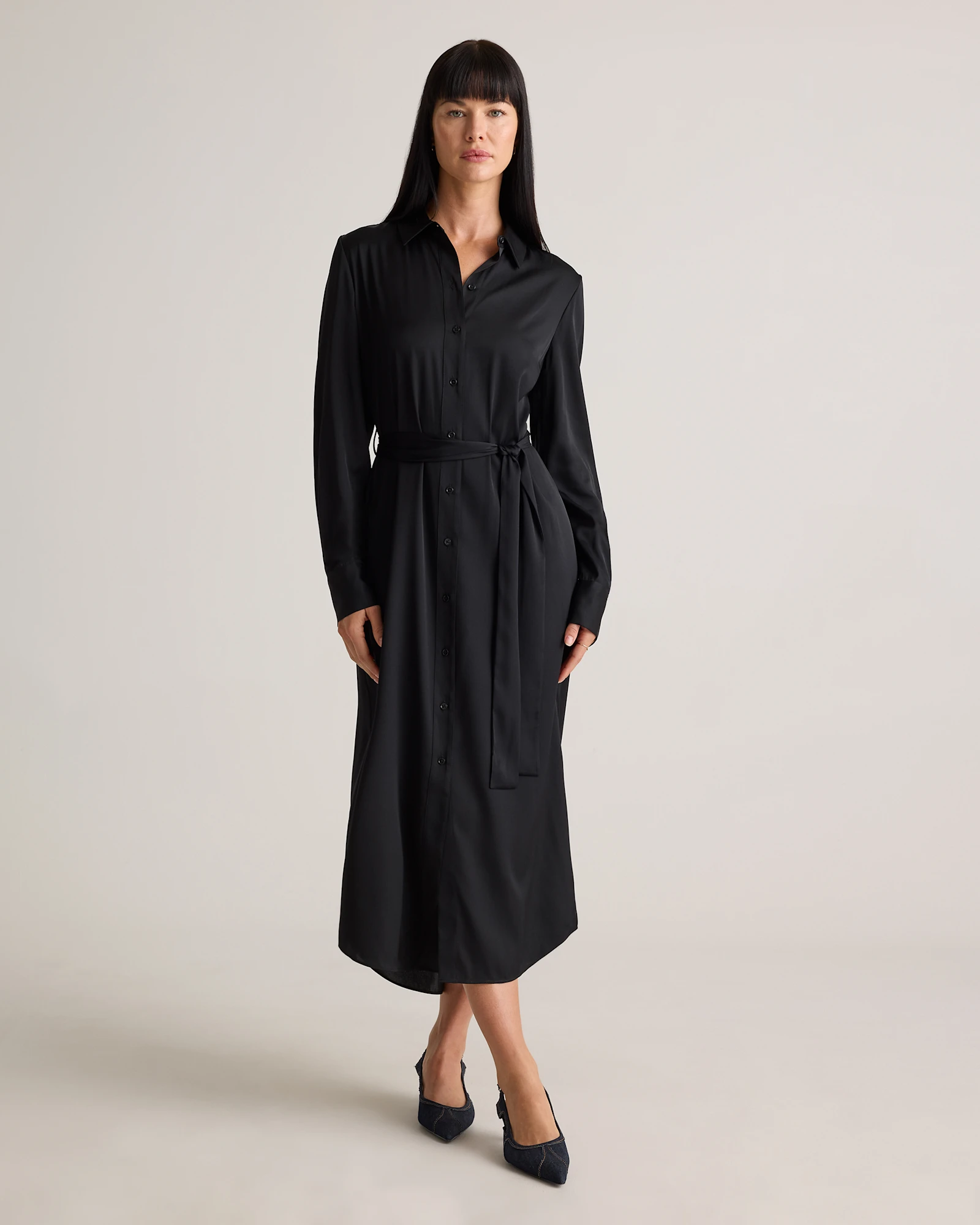 black silk shirt dress Quince Women's Washable Stretch Maxi Dress, Black, Size XL length dress features a Winter Sale DAZY Women's Solid Black Shade:Teak Essence