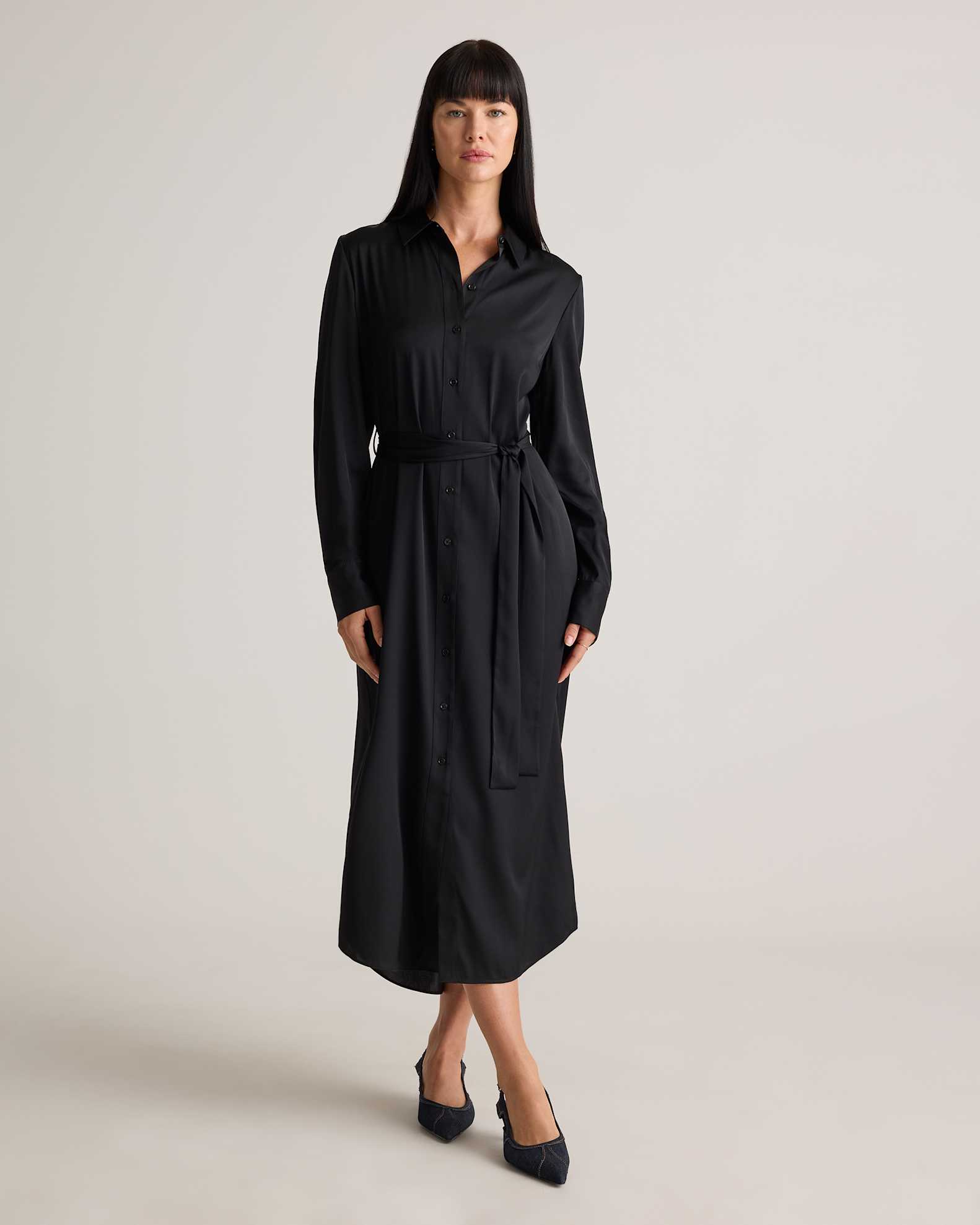Quince Women's Washable Stretch Silk Maxi Shirt Dress, Black, Size XL - Chic, Low-Maintenance Luxe Look for Office & Date Nights Quince Women's Washable Stretch Silk Maxi Shirt Dress, Black, Size XL - Chic, Low-Maintenance Luxe Look for Office & Date Nights