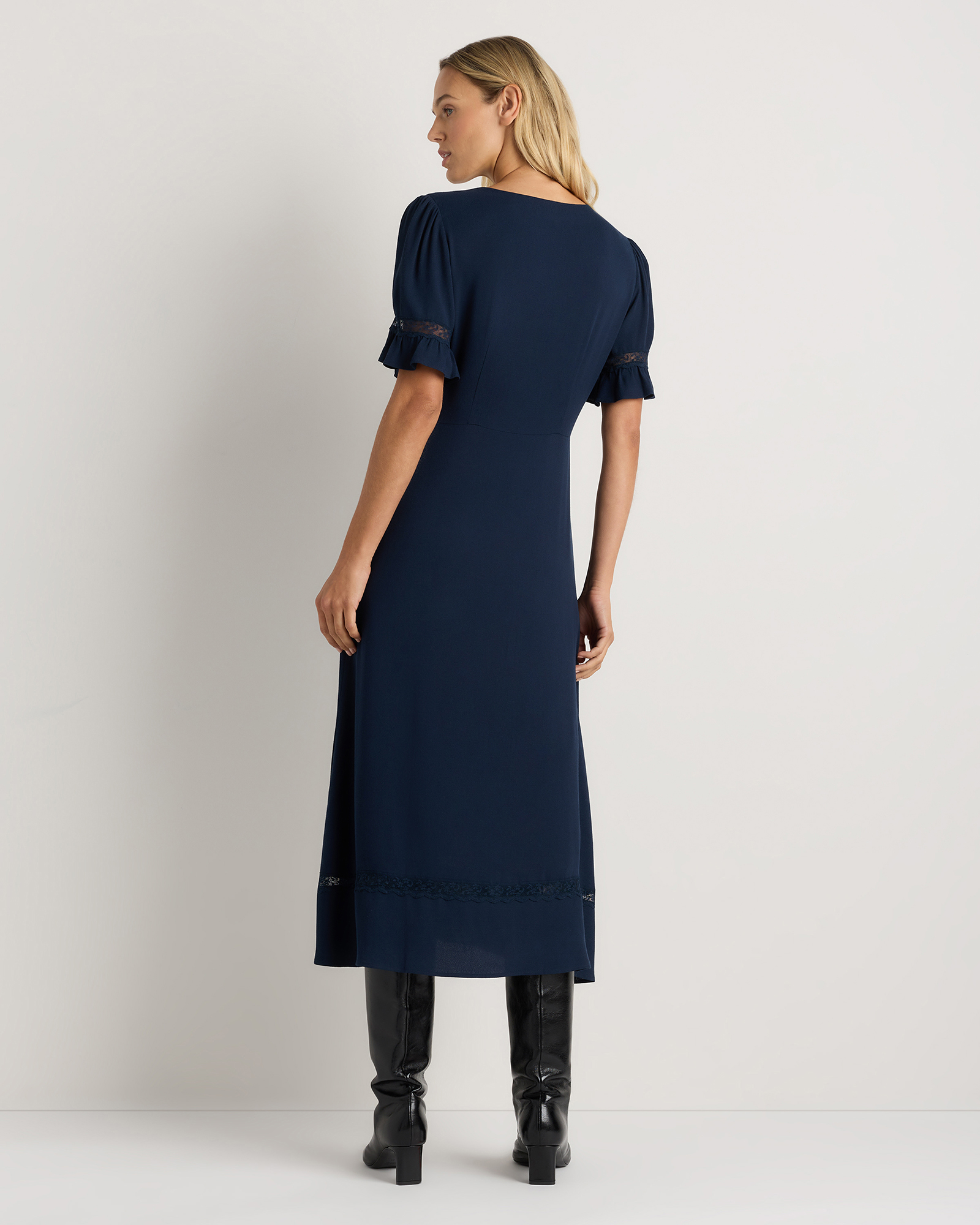 blue crepe midi dress Blue Crepe A Line Midi Dress With Bow Straps