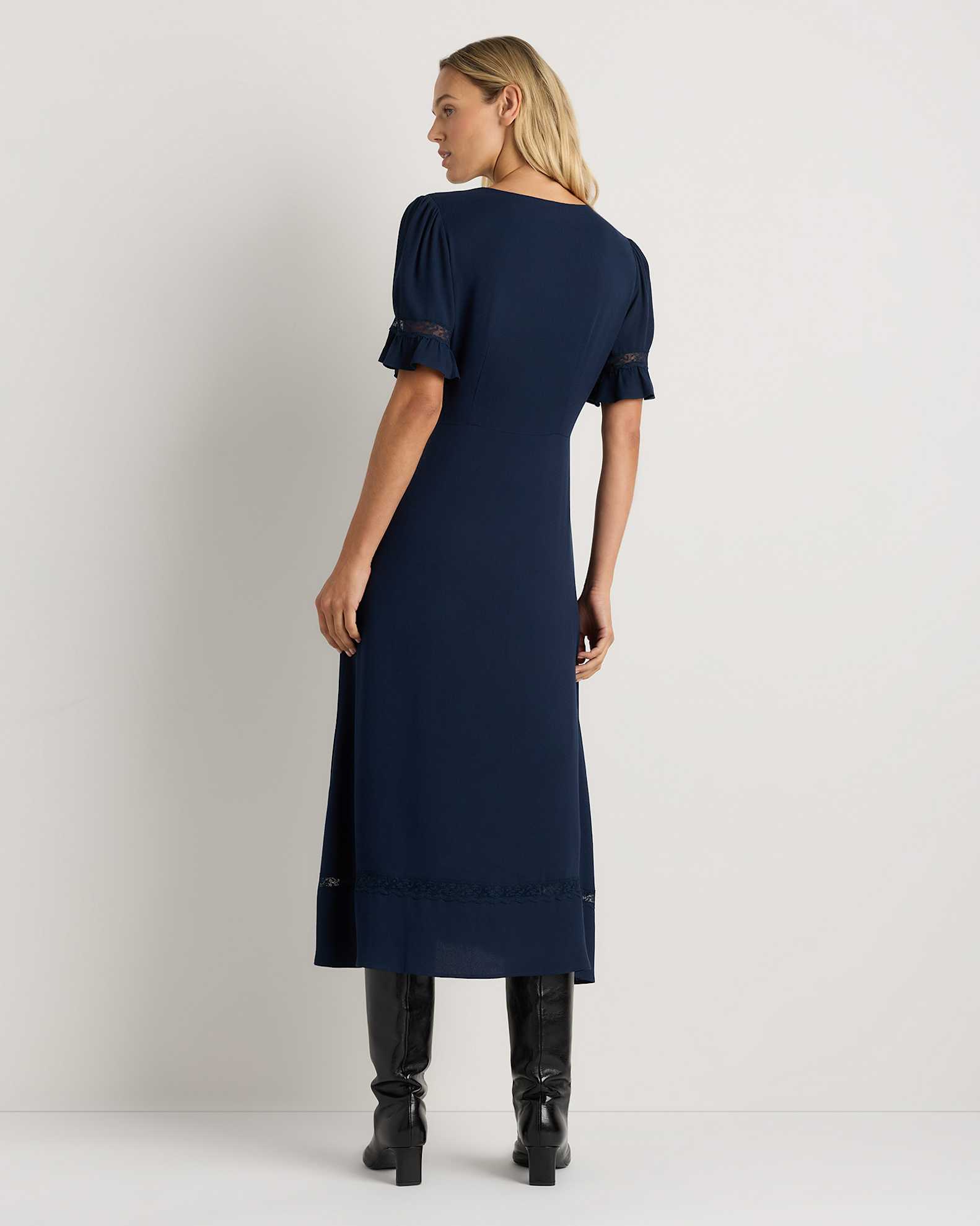 Lightweight Crepe Lace Inset Midi Dress in Deep Navy Lightweight Crepe Lace Inset Midi Dress in Deep Navy
