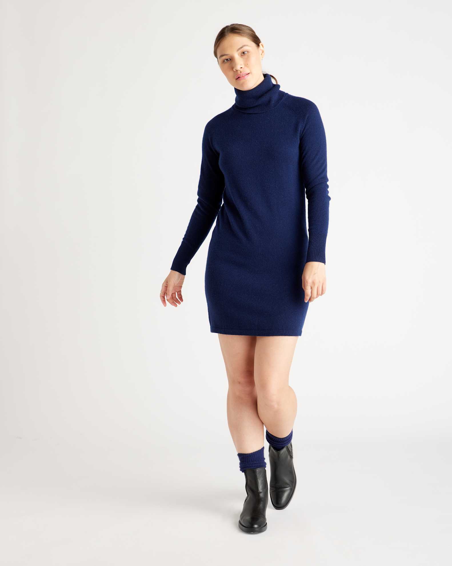 Quince Women's Lightweight Mongolian Cashmere Turtleneck Sweater Dress, Navy, Size Small - Slim Fit, Ethically Sourced Quince Women's Lightweight Mongolian Cashmere Turtleneck Sweater Dress, Navy, Size Small - Slim Fit, Ethically Sourced