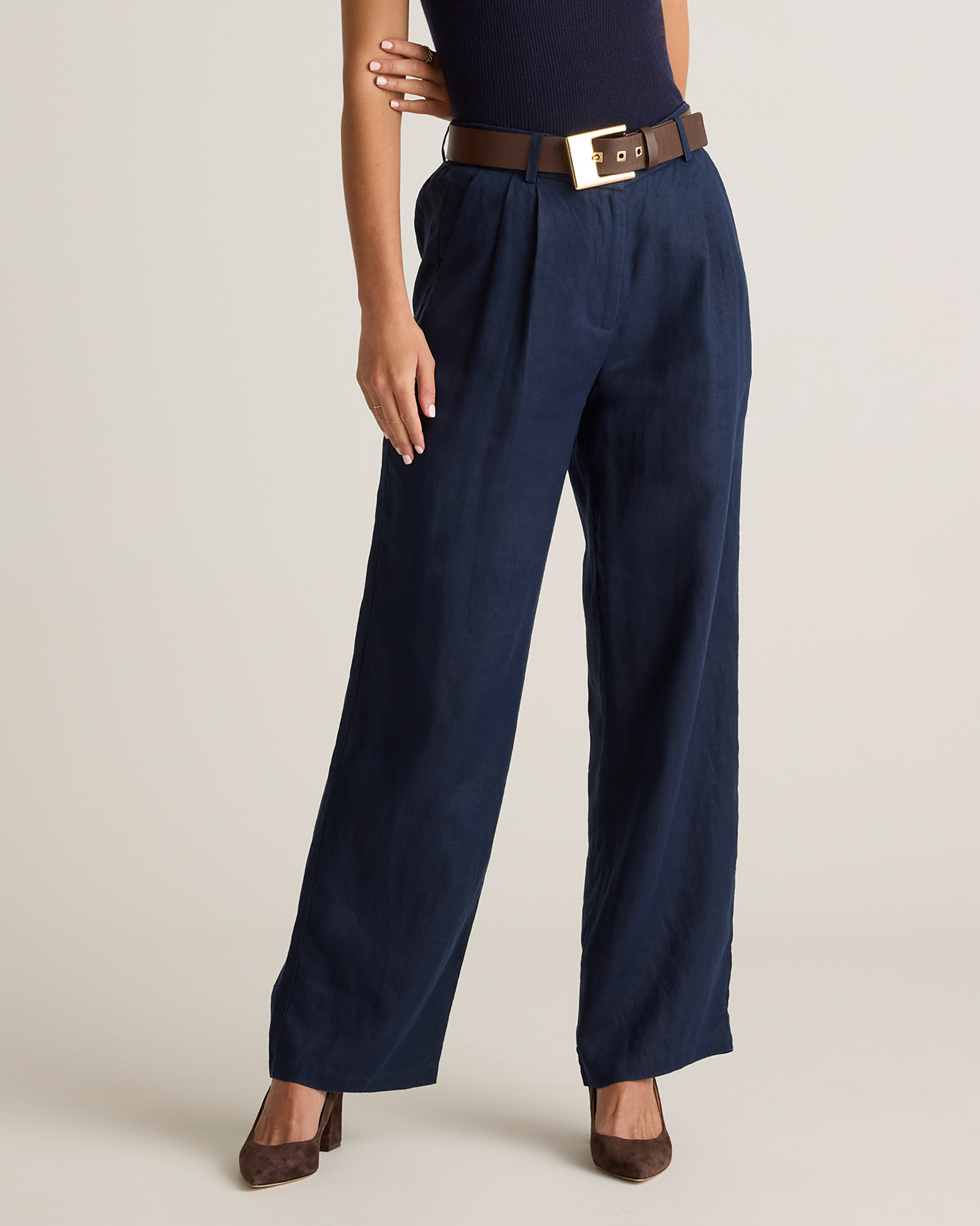Deep Navy 100% European Linen Pleated Trouser