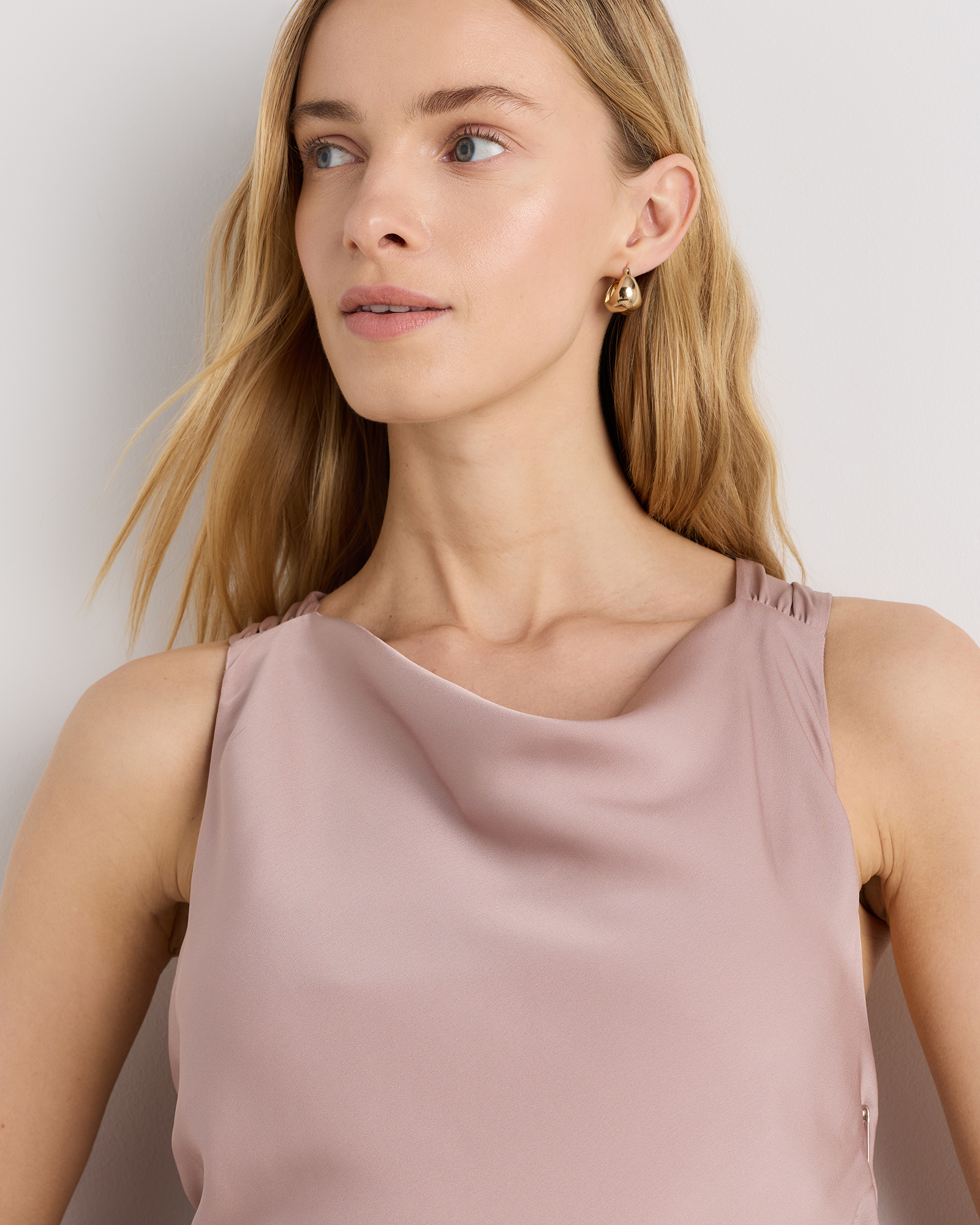 Washable Stretch Silk High Neck Midi Dress in Vintage Pink
