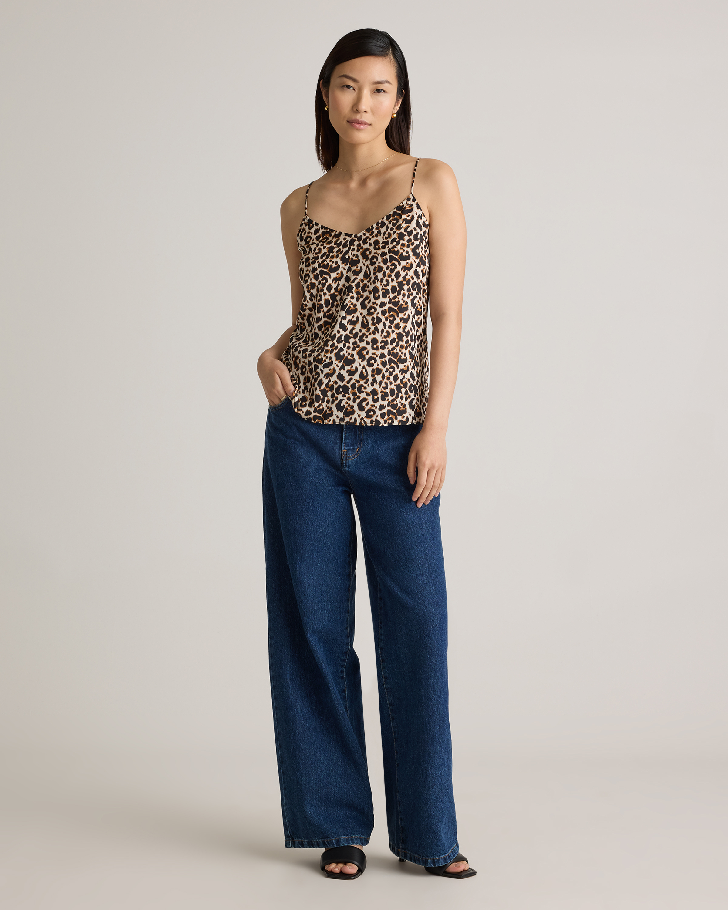 Washable Stretch Silk V-Neck Cami in Leopard