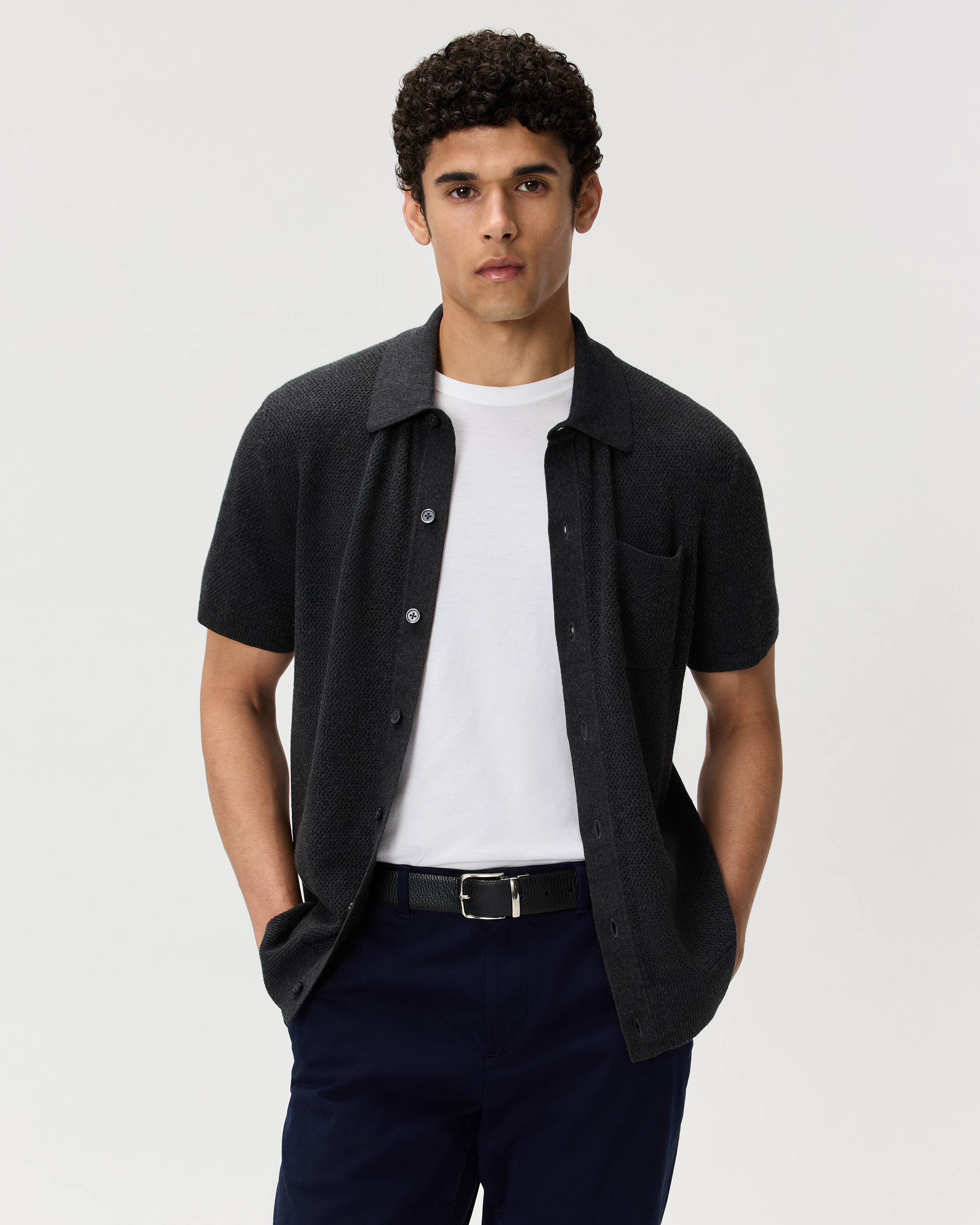Quince Men's Mesh-stitch Button-up Sweater Polo In Gray