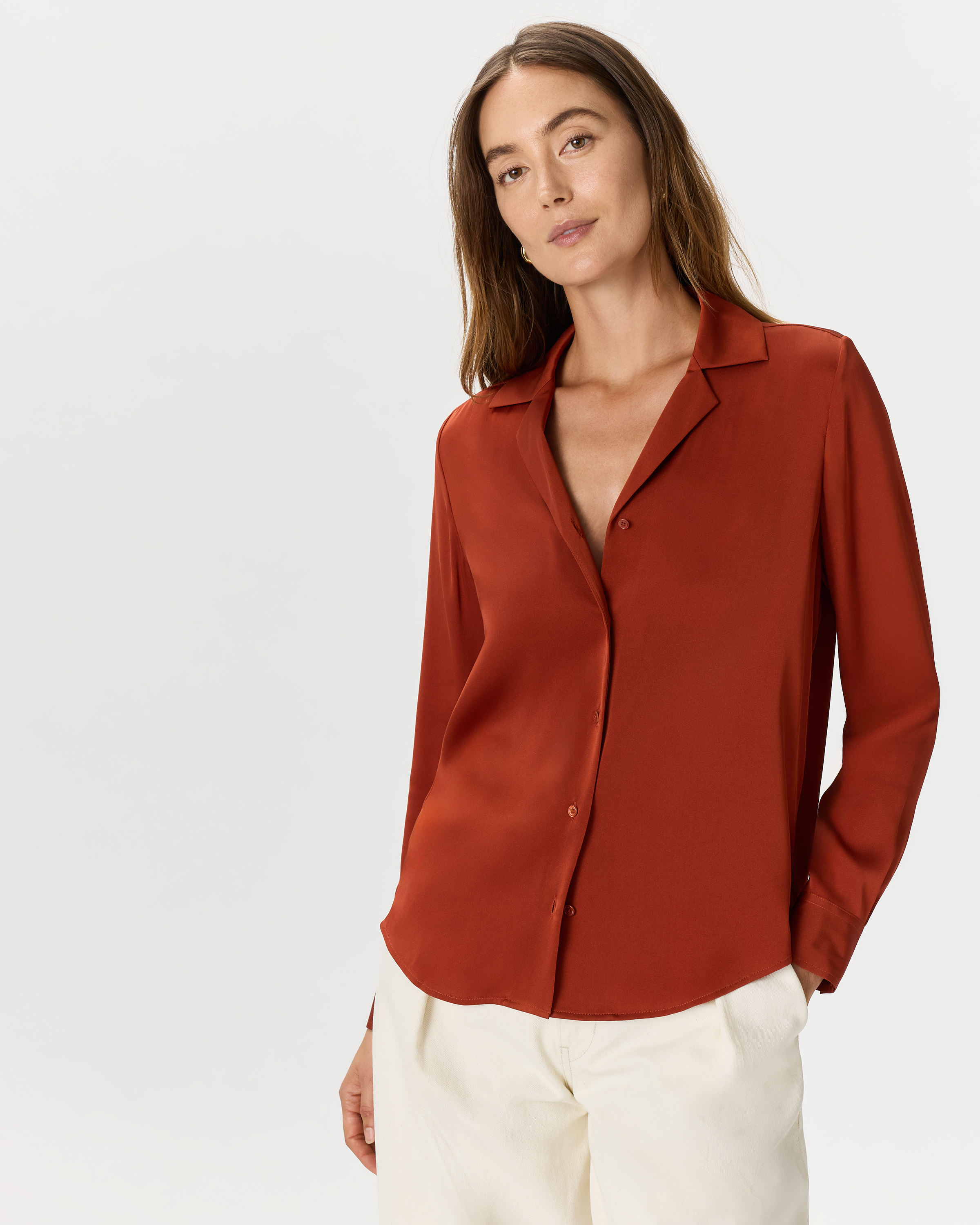 Paprika Red Washable Stretch Silk Notch Collar Blouse