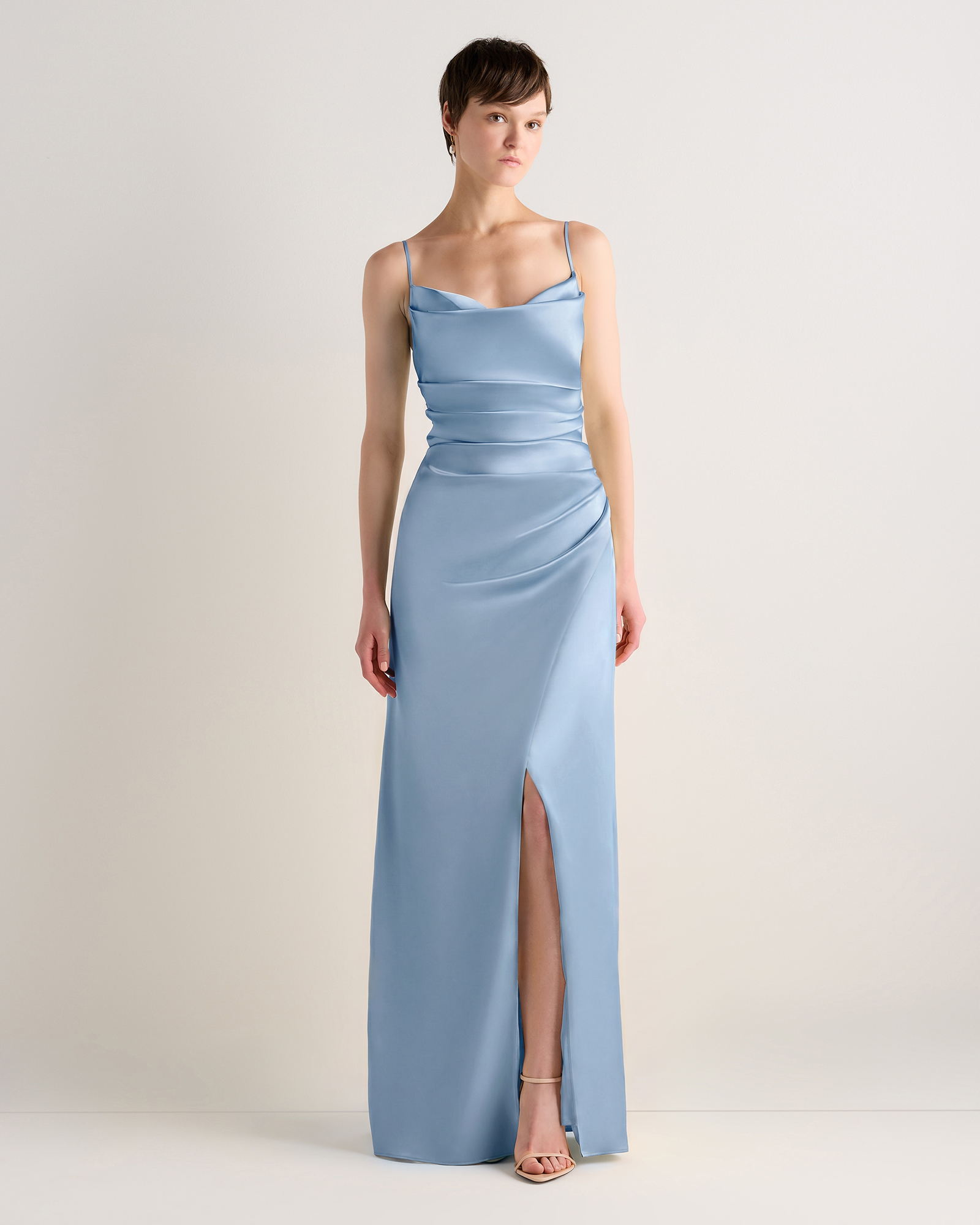 Dusty Steel Blue Juliette Stretch Satin Dress