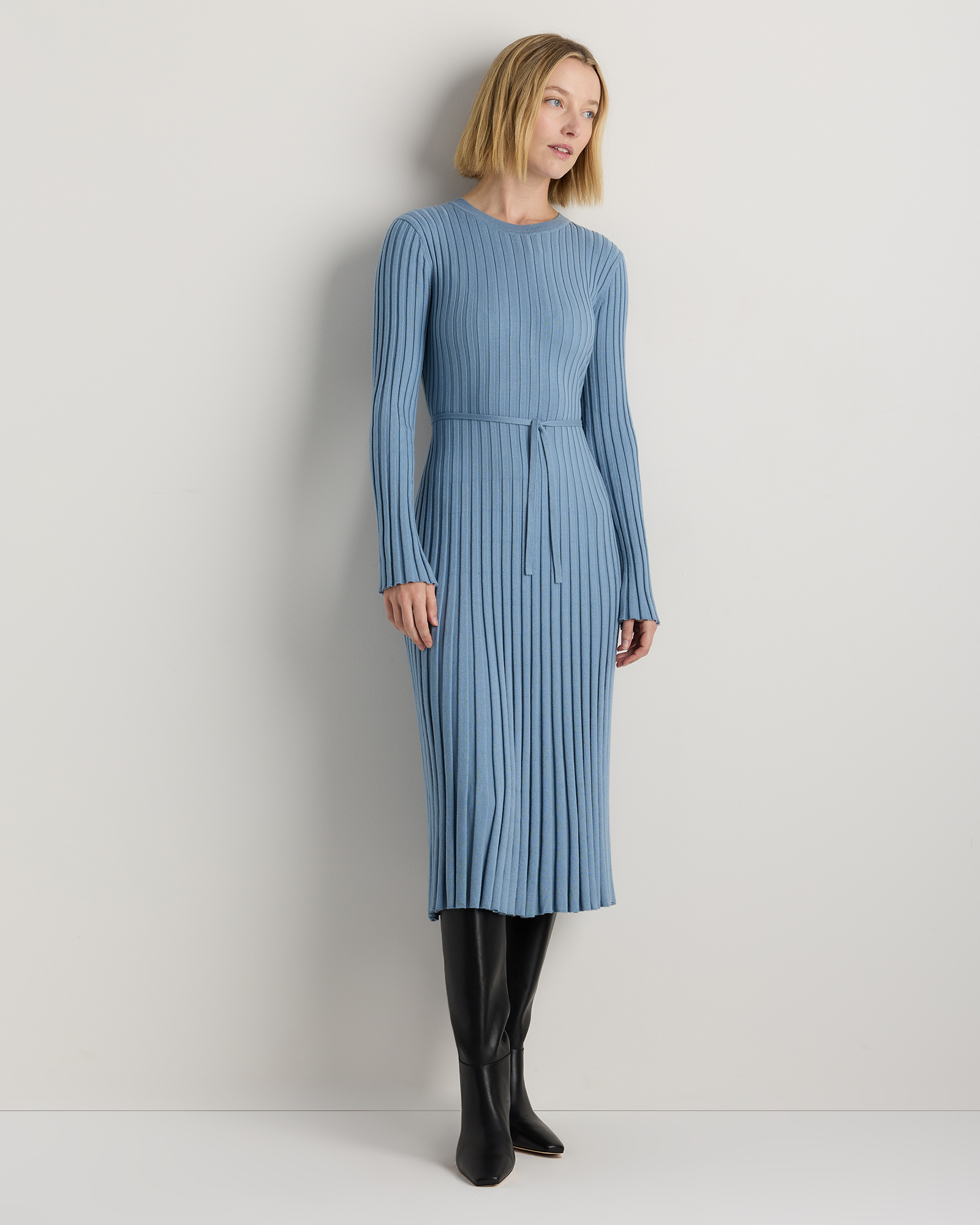 Quince Women's Cotton Cashmere Ribbed Long Sleeve Crew Midi Dress