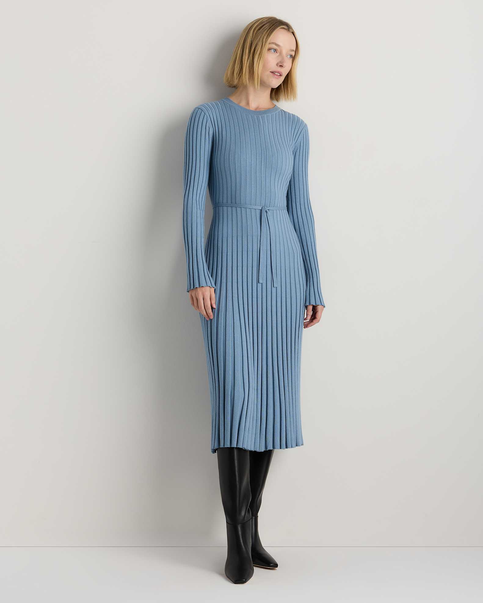 Cotton Cashmere Ribbed Long Sleeve Crew Midi Dress in Mountain Spring Blue Cotton Cashmere Ribbed Long Sleeve Crew Midi Dress in Mountain Spring Blue