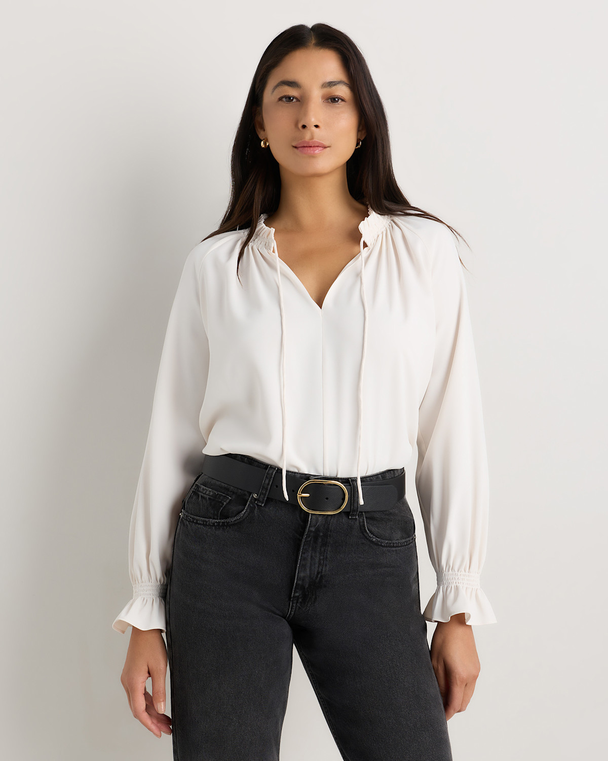 Quince Drapey Chiffon Split Neck Long Sleeve Blouse in Ivory