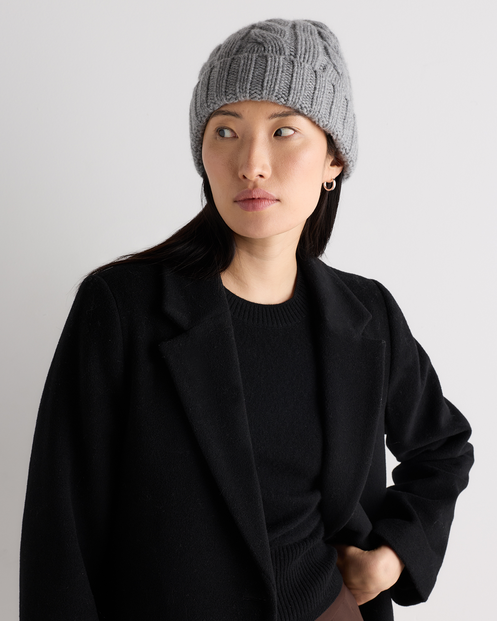 Heather Grey Mongolian Cashmere Cable Knit Beanie
