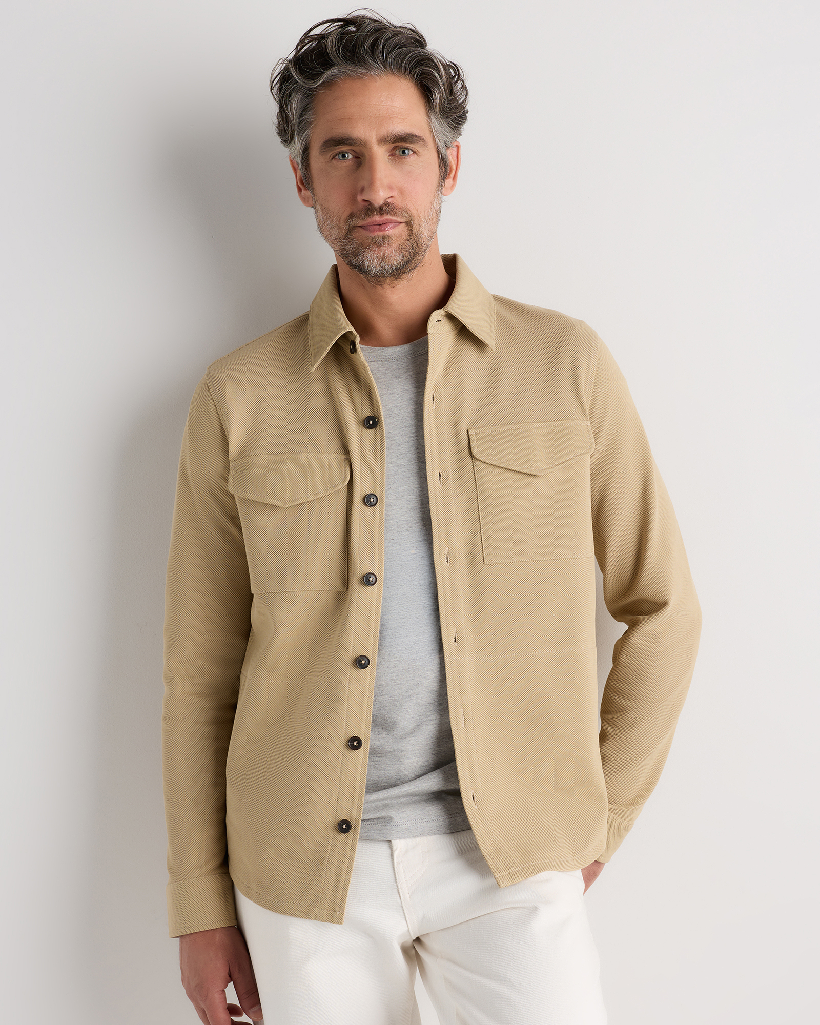 Khaki Cotton Pique Knit Overshirt