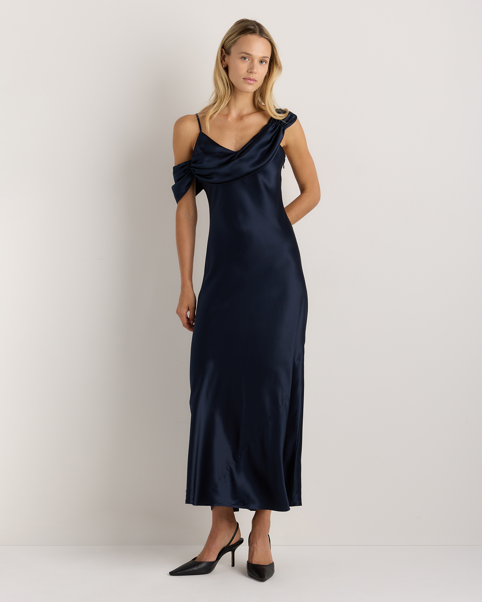Navy 100% Washable Silk Draped Shoulder Maxi Dress