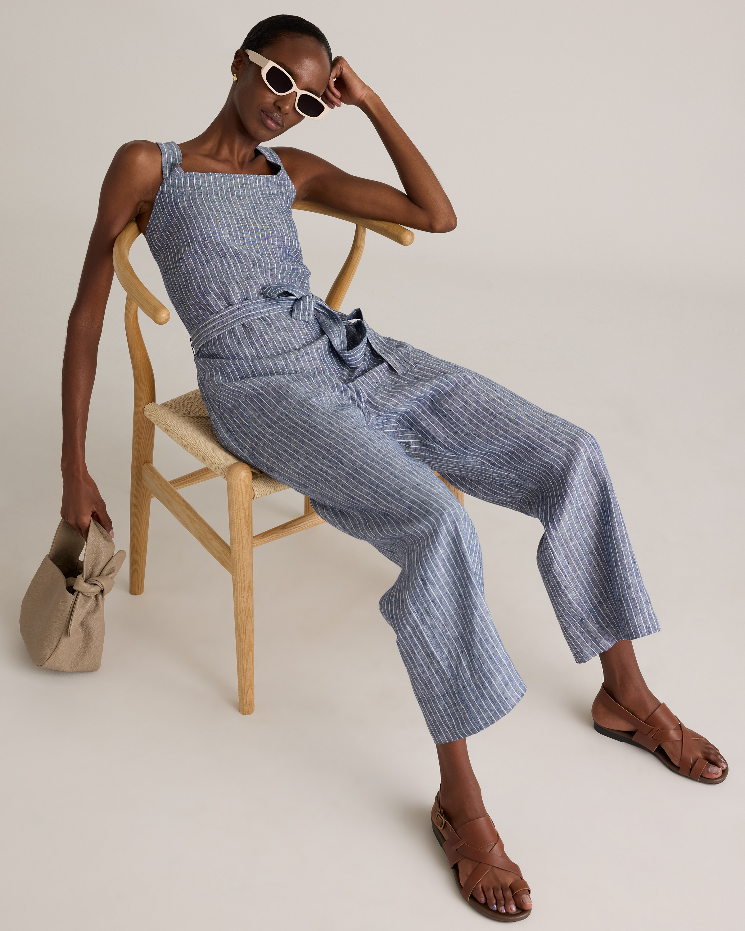 100% European Linen Square Neck Jumpsuit in Chambray Stripe