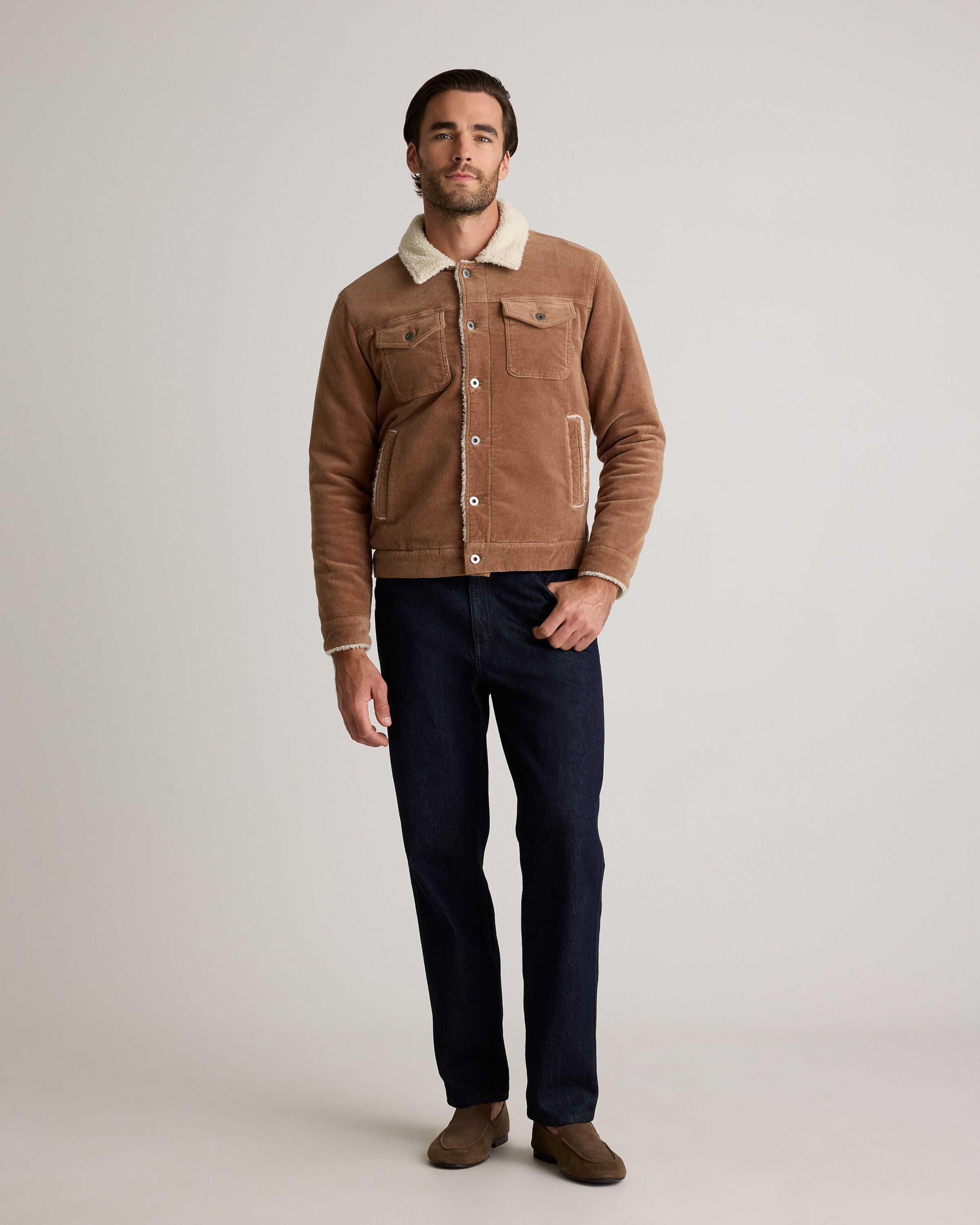 Organic Stretch Corduroy Sherpa-Lined Trucker Jacket in Warm Brown