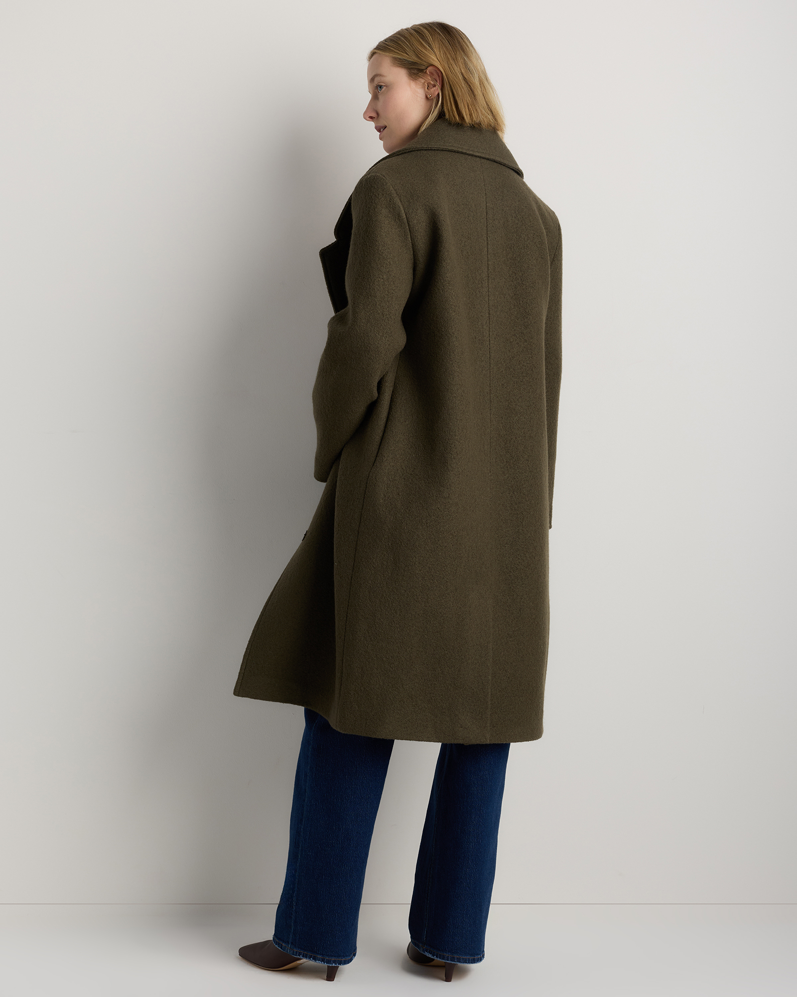 100% Merino Wool Shawl Collar Long Coat in Olive Grove