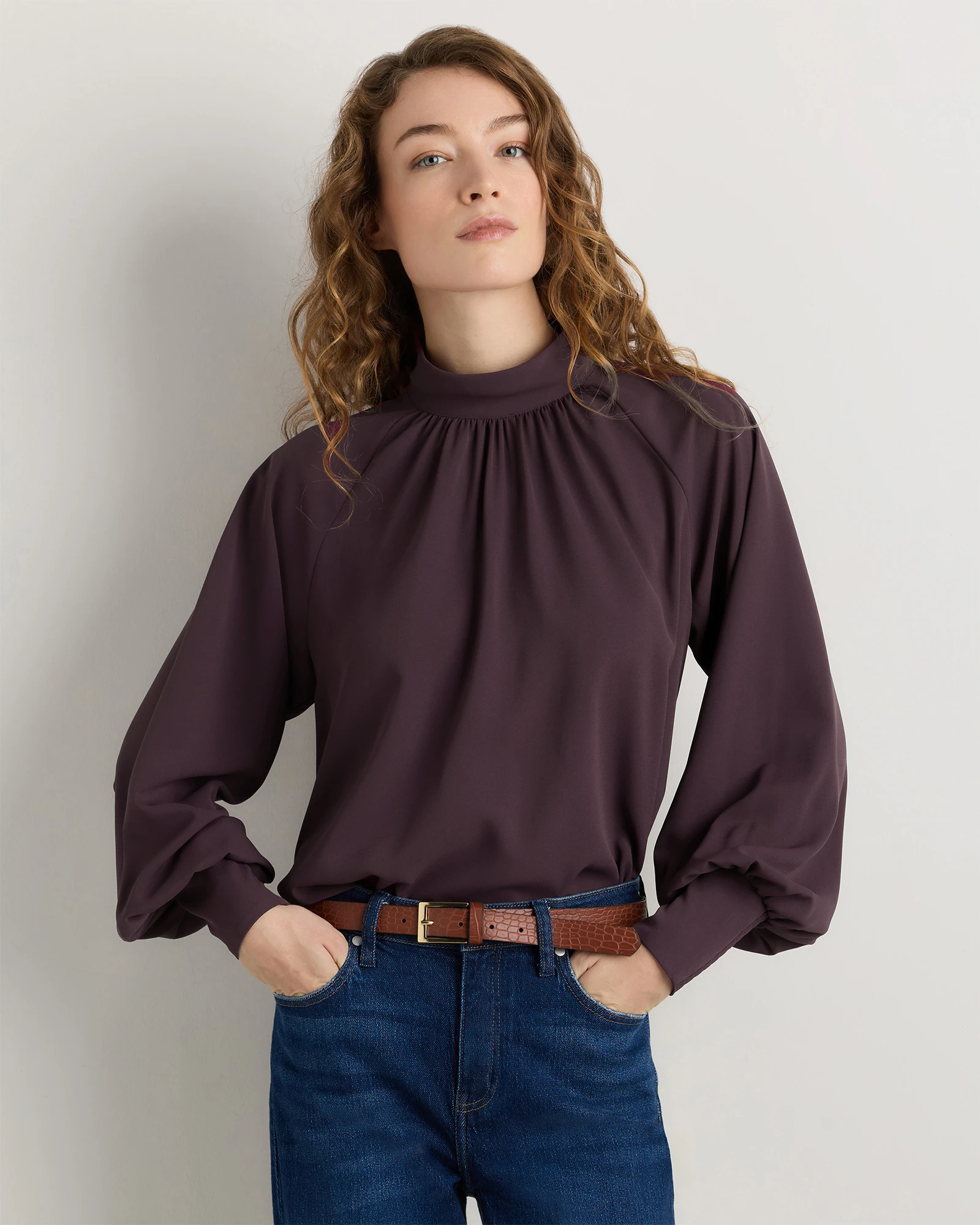 Drapey Chiffon Mock Neck Long Sleeve Blouse