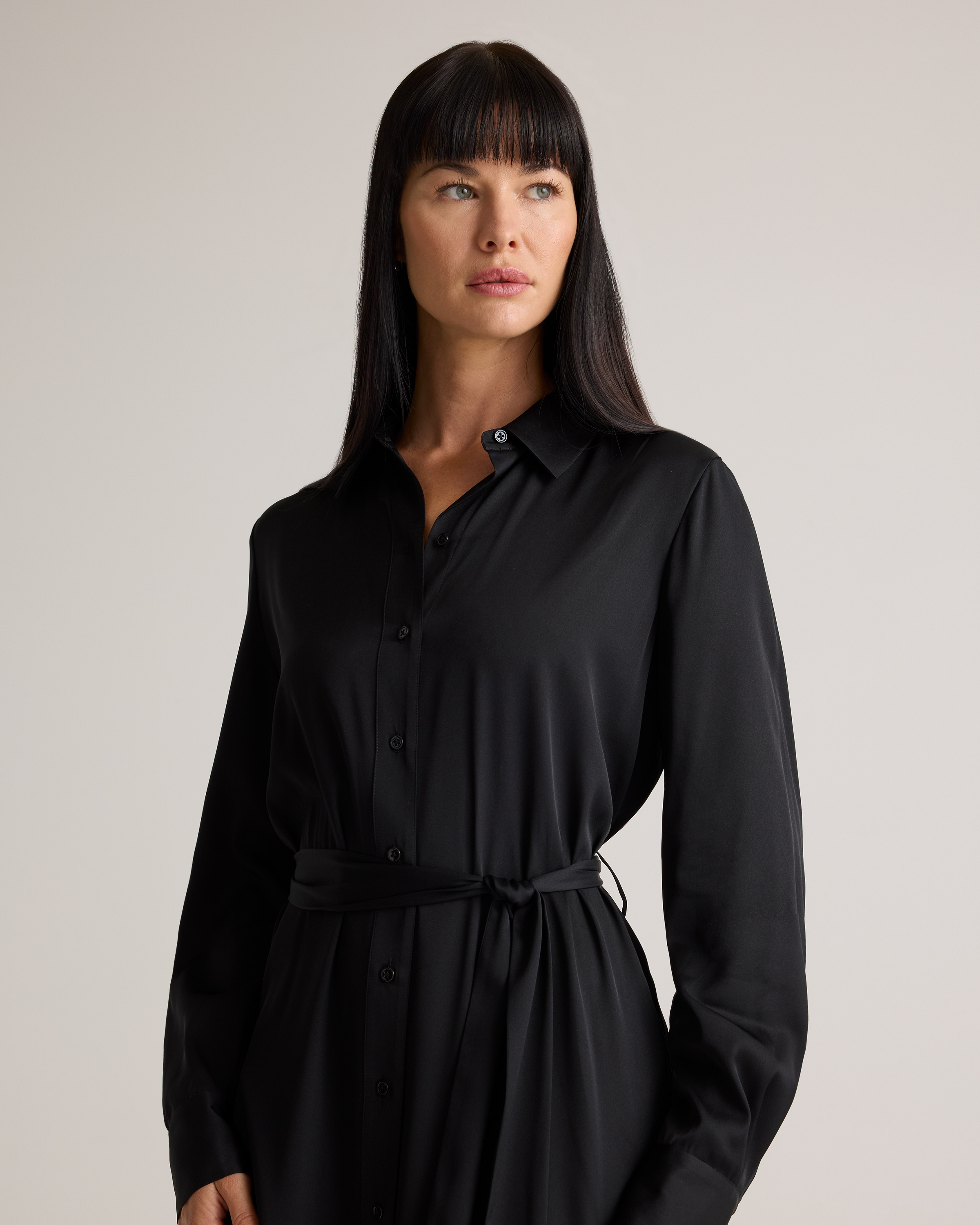 Washable Stretch Silk Maxi Shirt Dress in Black