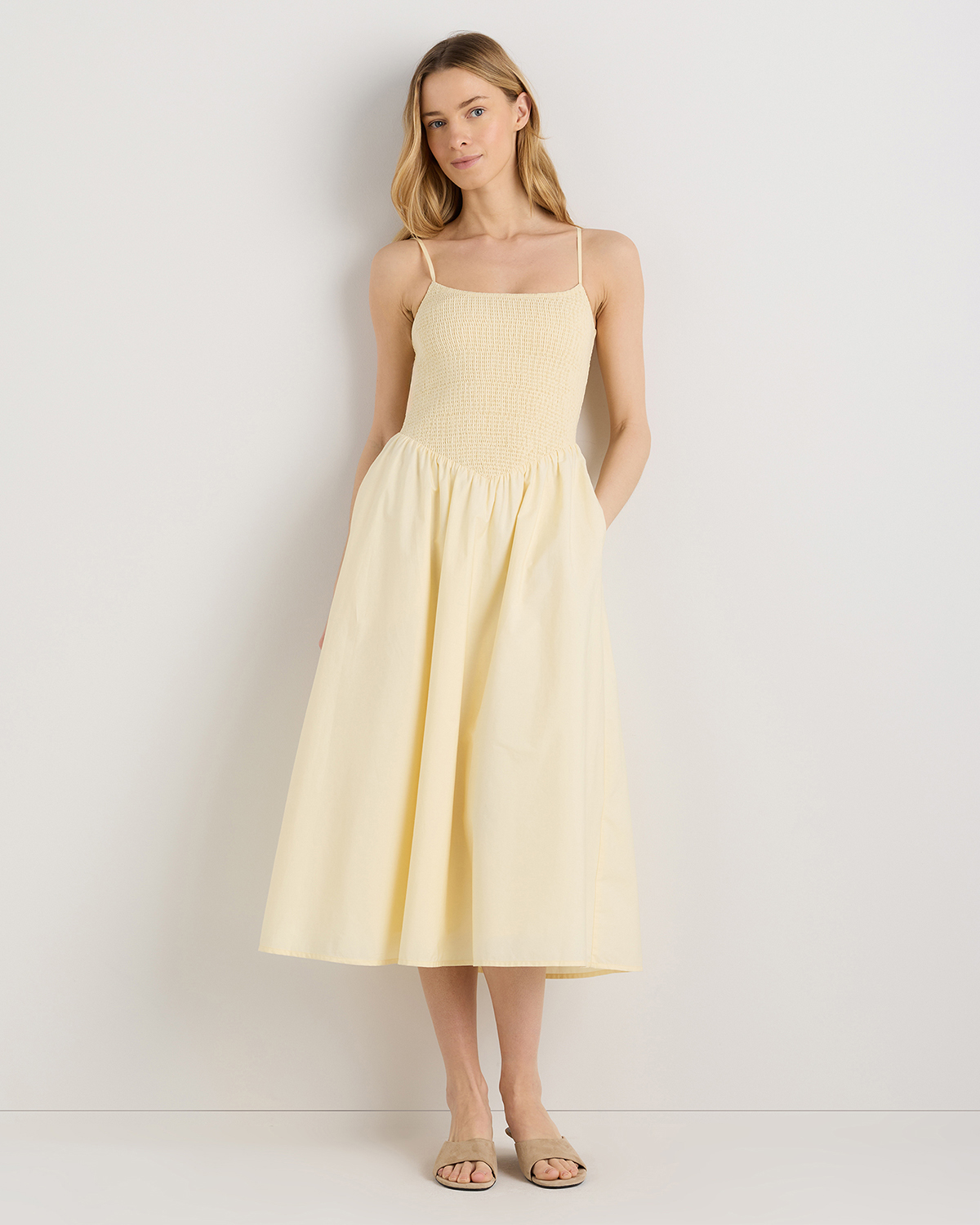 Pale Custard Yellow 100% Organic Cotton Poplin Drop Waist Midi Dress