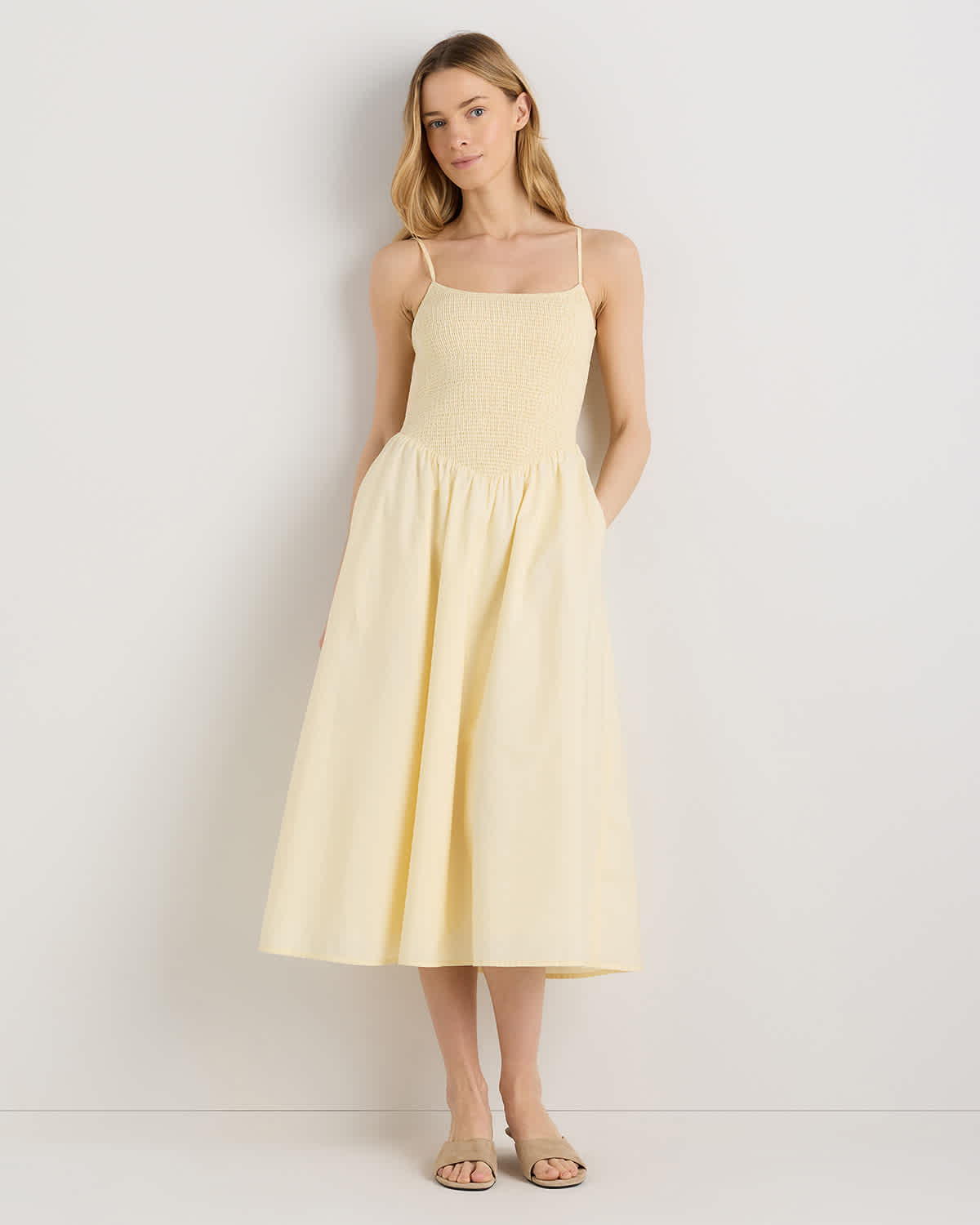 100% Organic Cotton Poplin Drop Waist Midi Dress in Pale Custard Yellow 100% Organic Cotton Poplin Drop Waist Midi Dress in Pale Custard Yellow