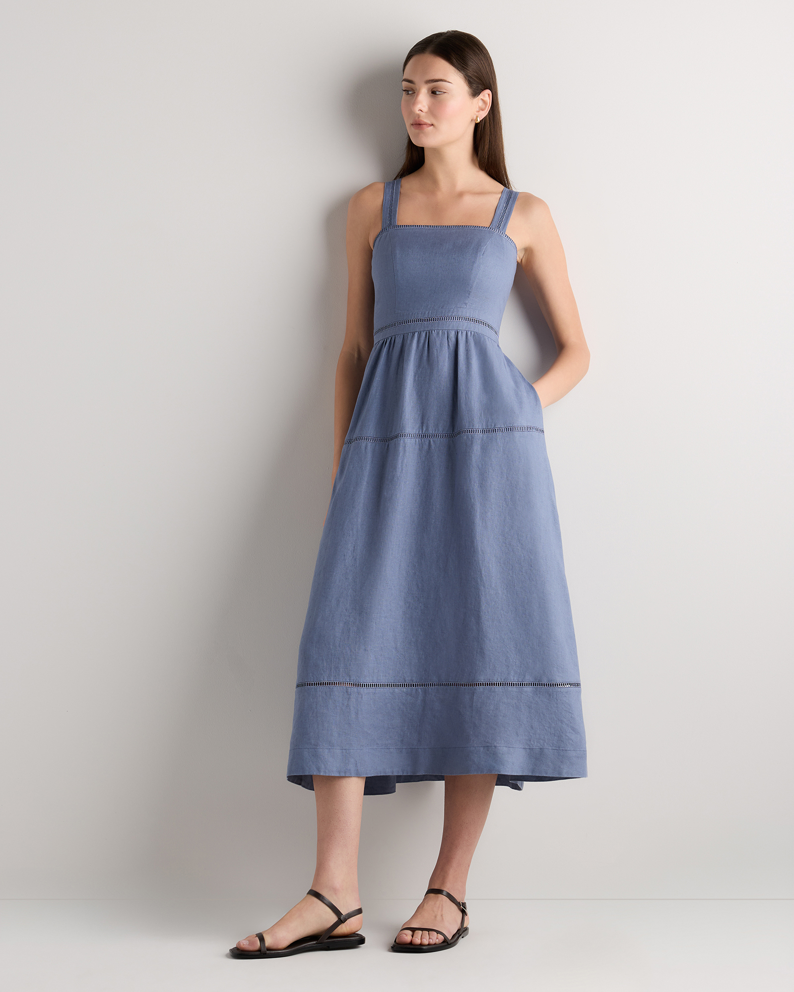 Moonstone Blue 100% European Linen Ladder Stitch Midi Dress