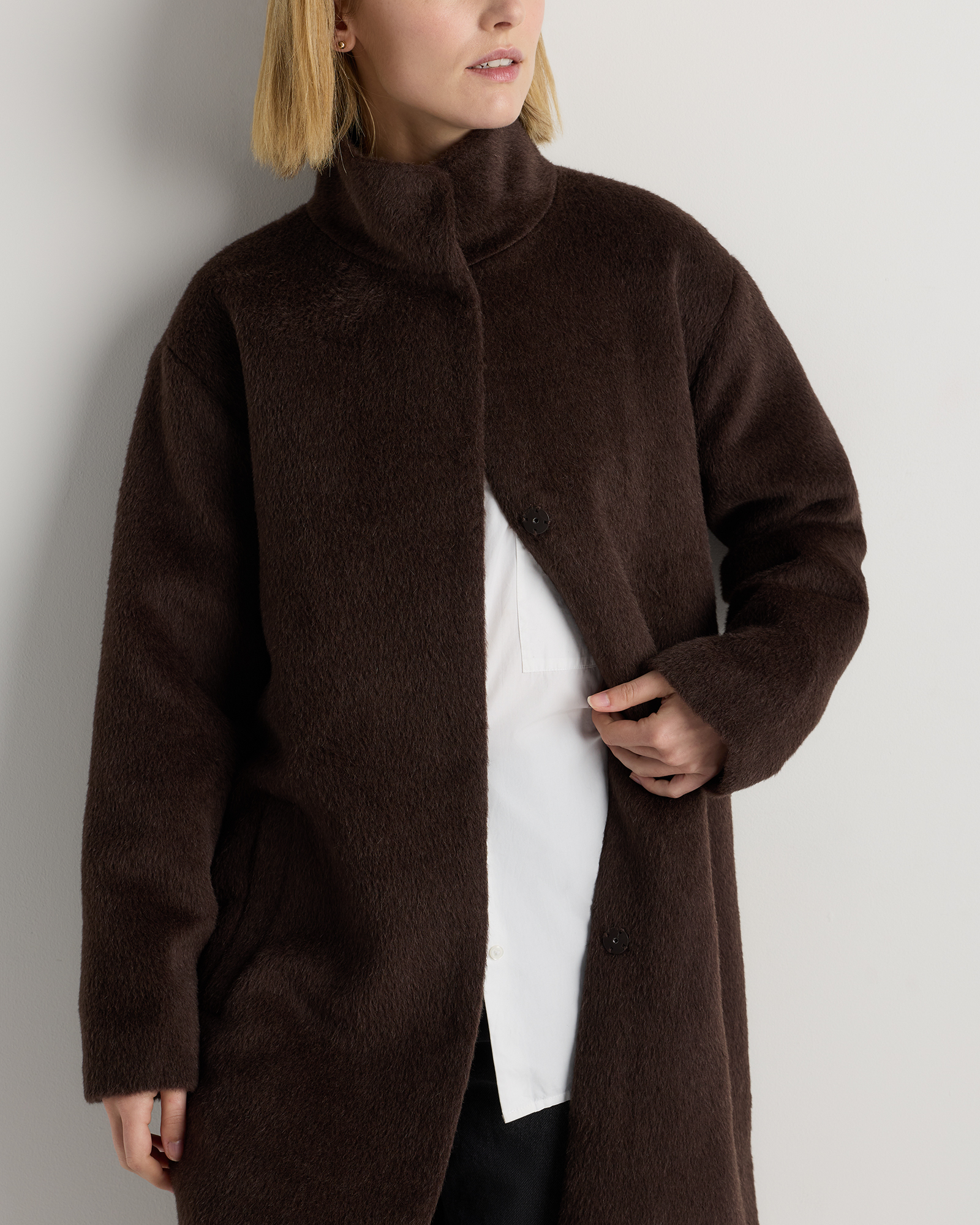 Alpaca-Wool Stand Collar Coat in Coffee Bean Brown