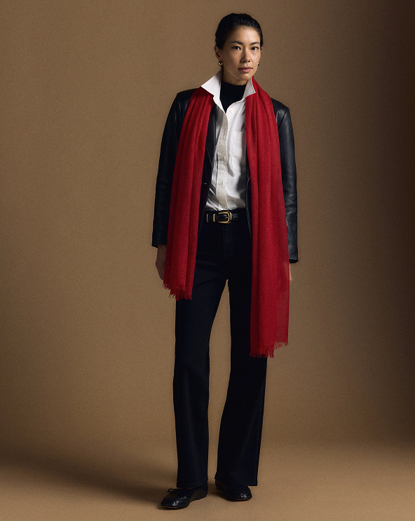 Red Featherweight Cashmere Silk Frayed Edge Scarf