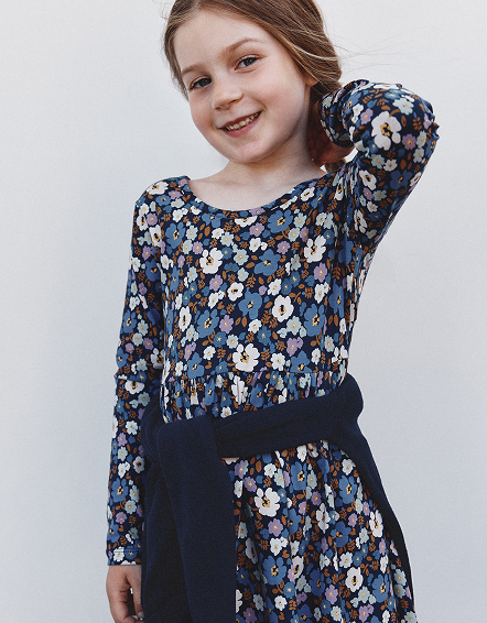 Blue Poppy Floral Organic Cotton Long Sleeve Skater Dress 