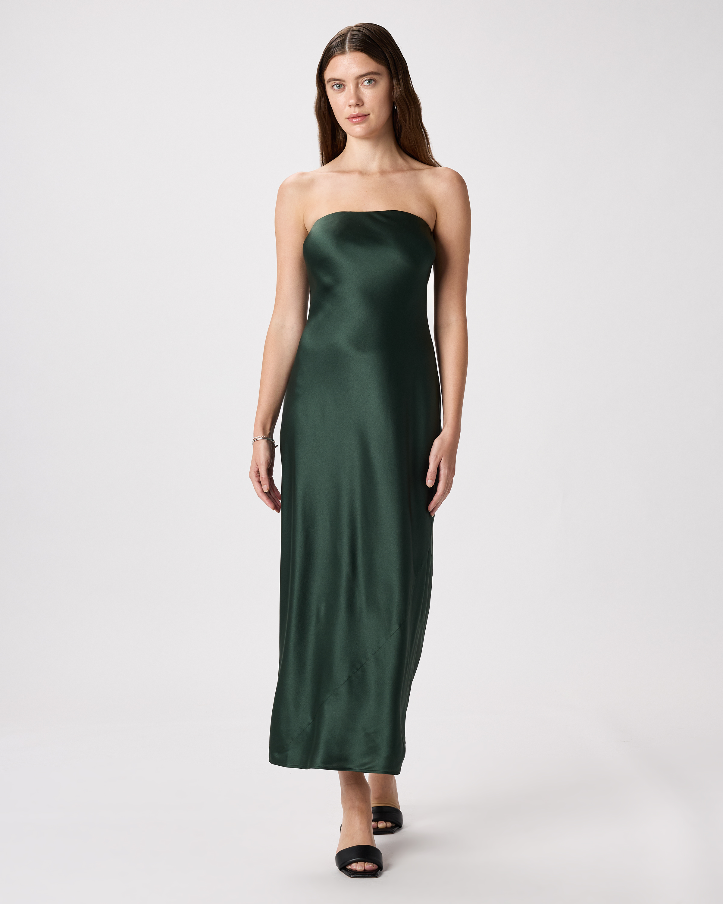 Forest Green 100% Washable Silk Strapless Midi Dress