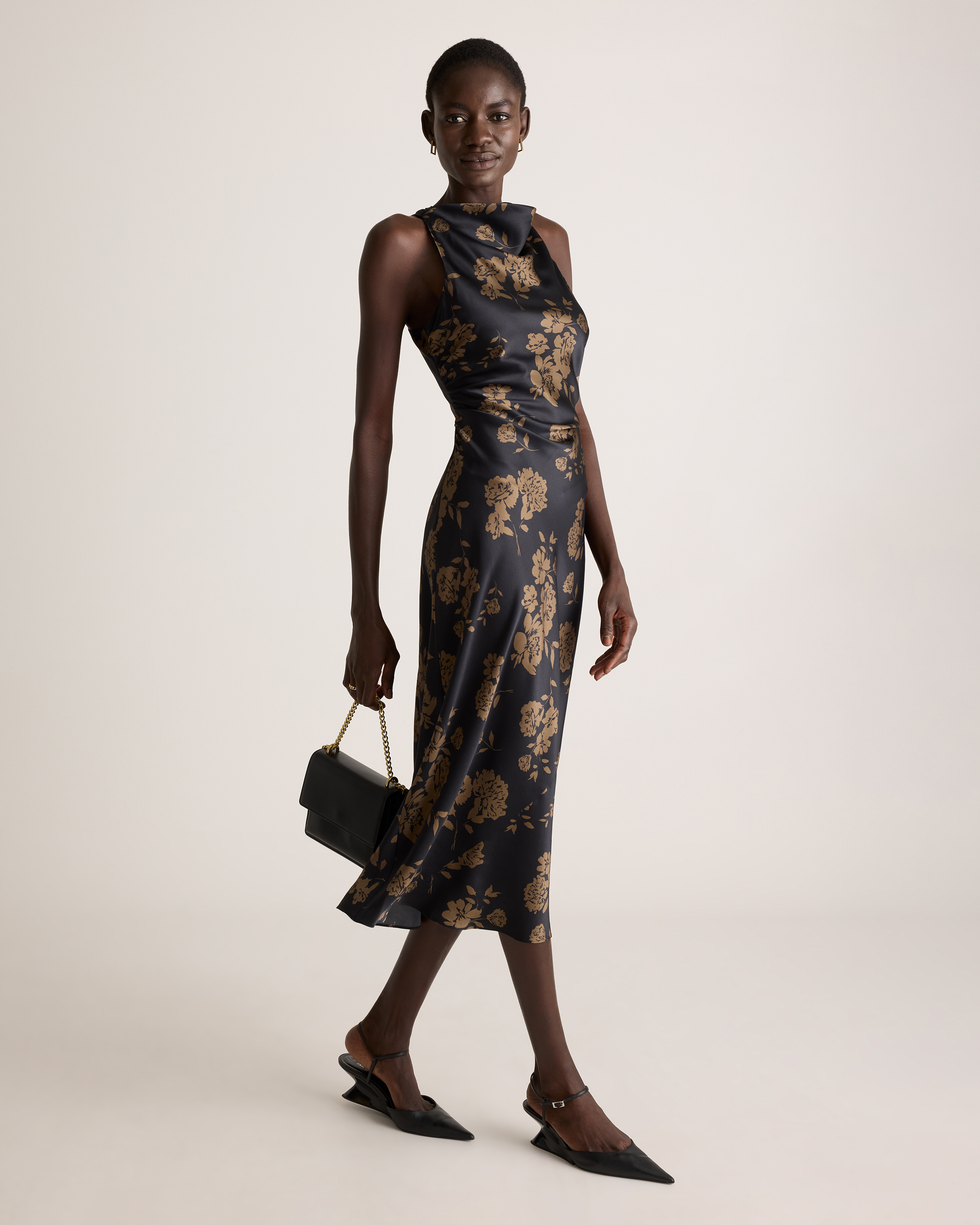 Washable Stretch Silk High Neck Midi Dress in Caper Eclipse