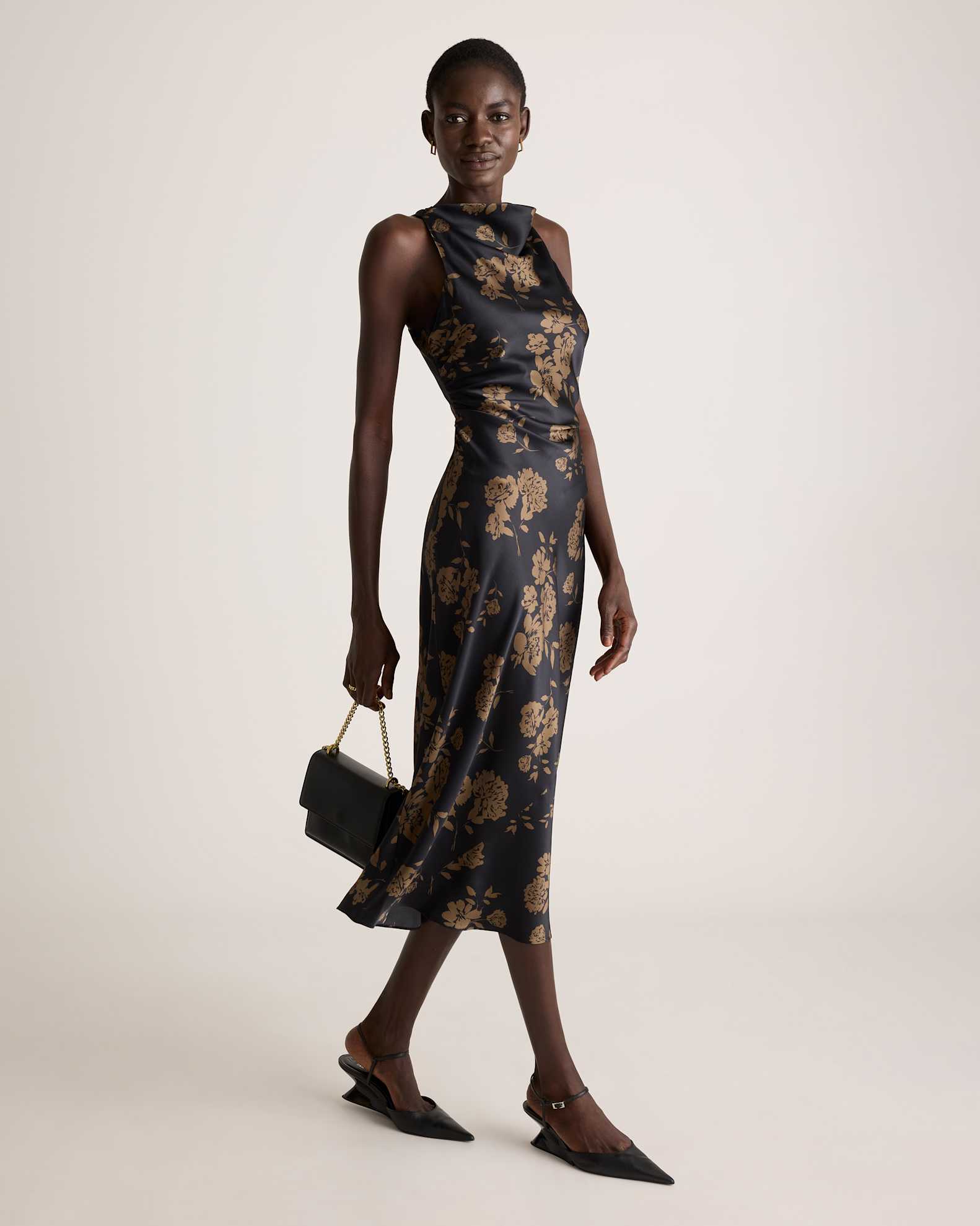 Washable Stretch Silk High Neck Midi Dress in Caper Eclipse Washable Stretch Silk High Neck Midi Dress in Caper Eclipse