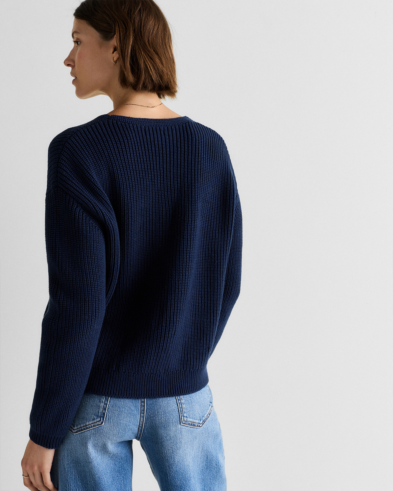 100% Organic Cotton Fisherman V-Neck Sweater in Navy