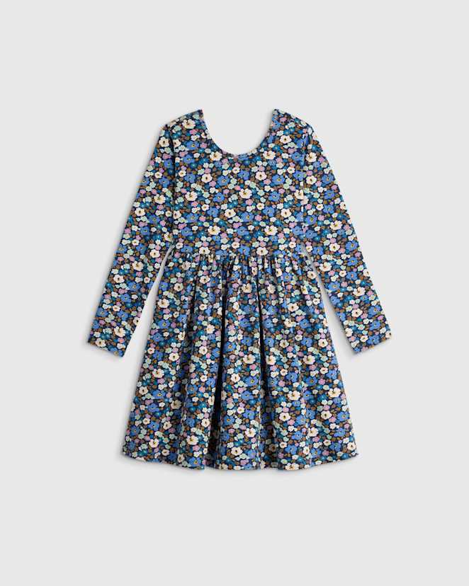 Blue Poppy Floral Organic Cotton Long Sleeve Skater Dress
