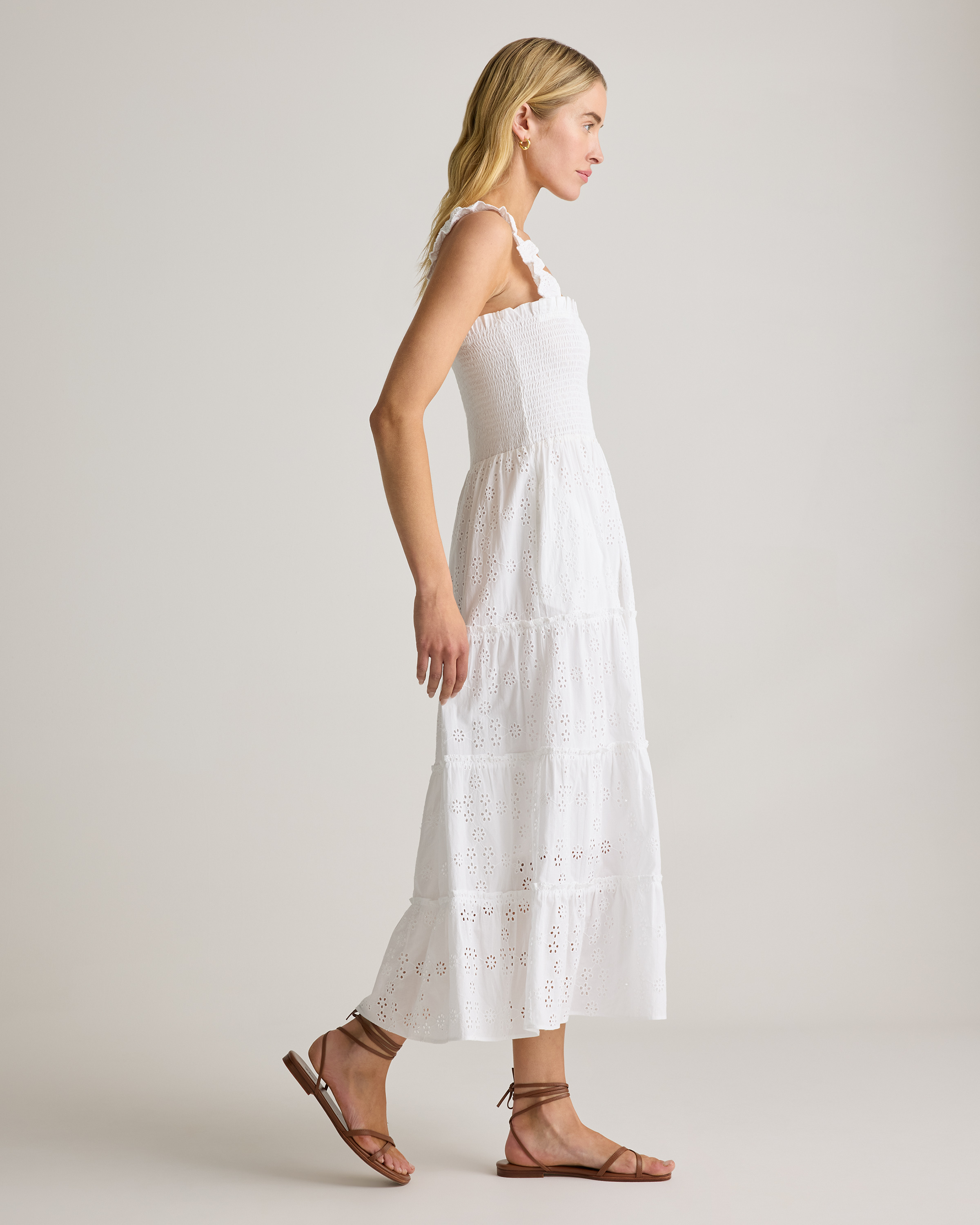 100% Organic Cotton Eyelet Smocked Midi Dress in White