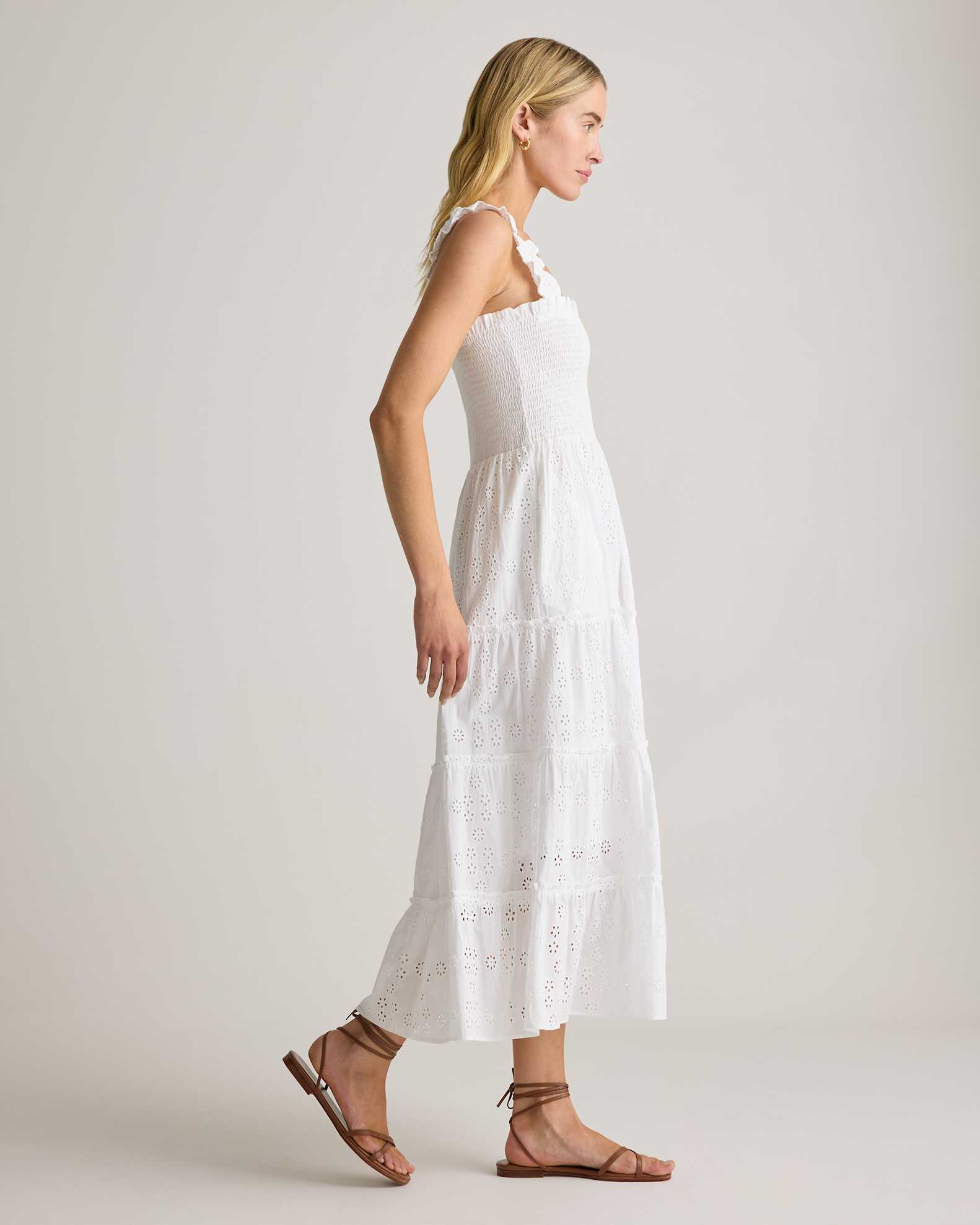 100% Organic Cotton Eyelet Smocked Midi Dress in White 100% Organic Cotton Eyelet Smocked Midi Dress in White