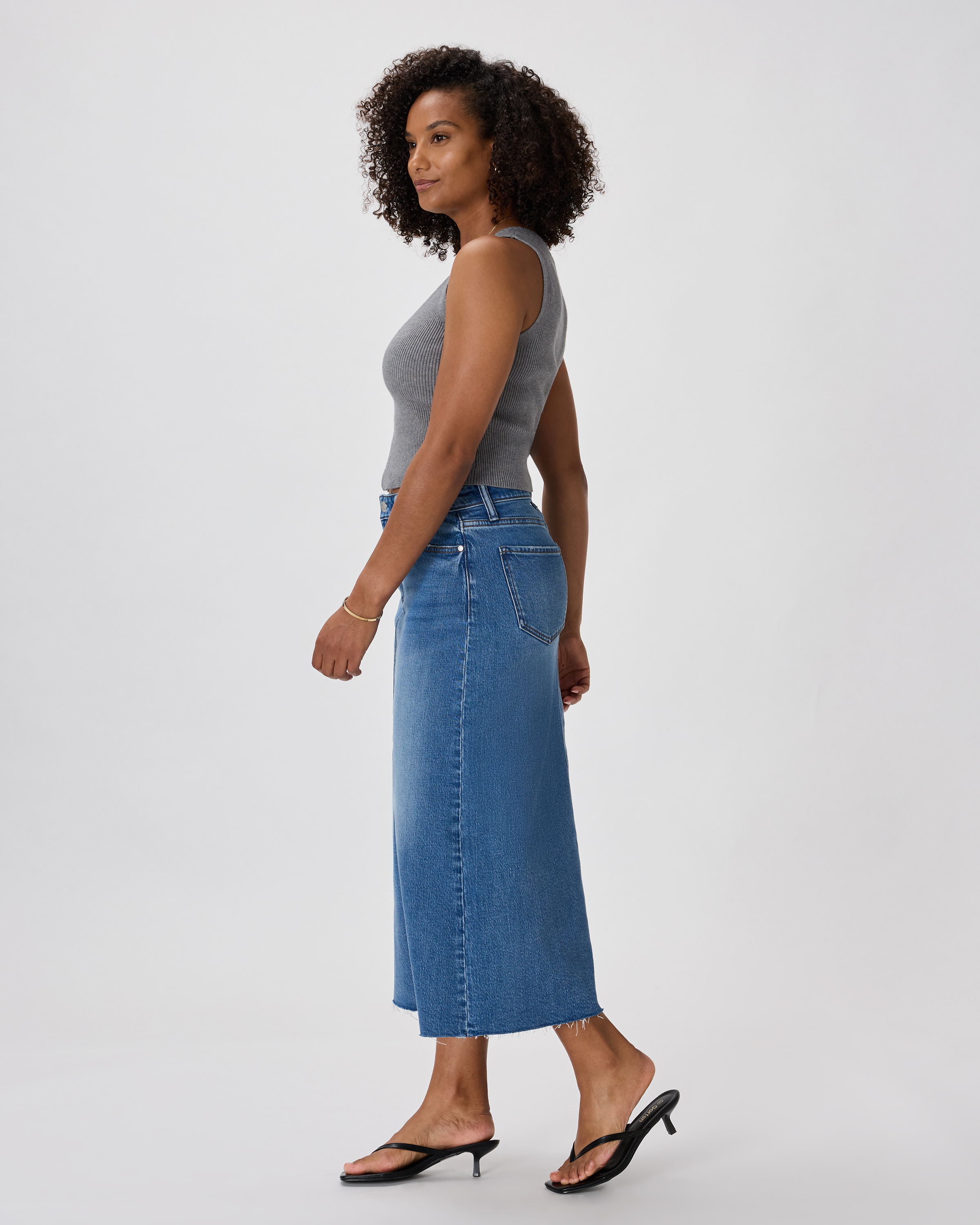 Stretch Denim 5-Pocket Midi Skirt in Atlantic Blue