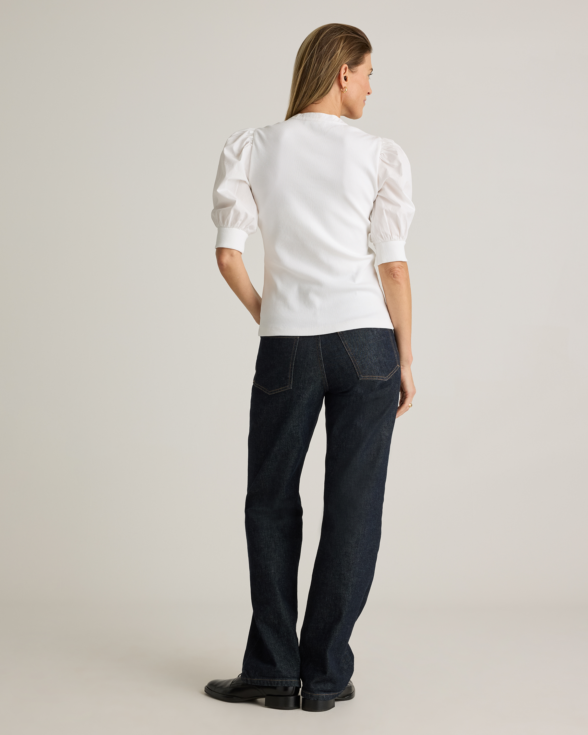 Cotton Mixed Media Puff Sleeve Top in Classic White