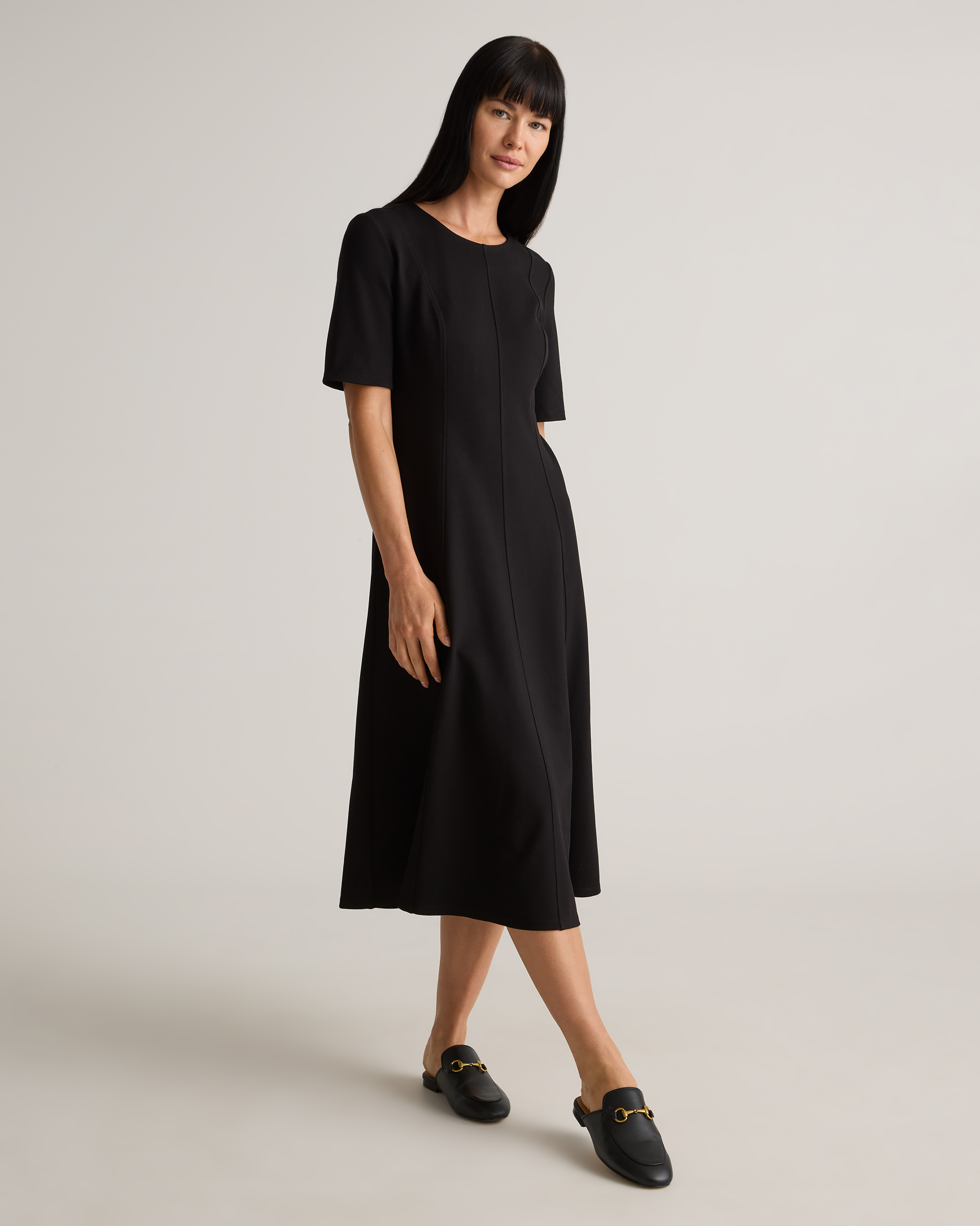 black stretch midi dress Quince Women's Ultra-Stretch Ponte Short Sleeve Midi Dress, Black, Size Small, Rayon