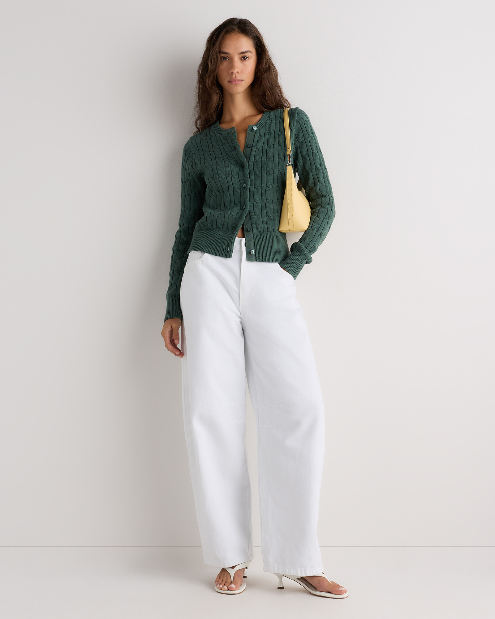100% Organic Cotton Cable Crew Cardigan in Big Sur Green