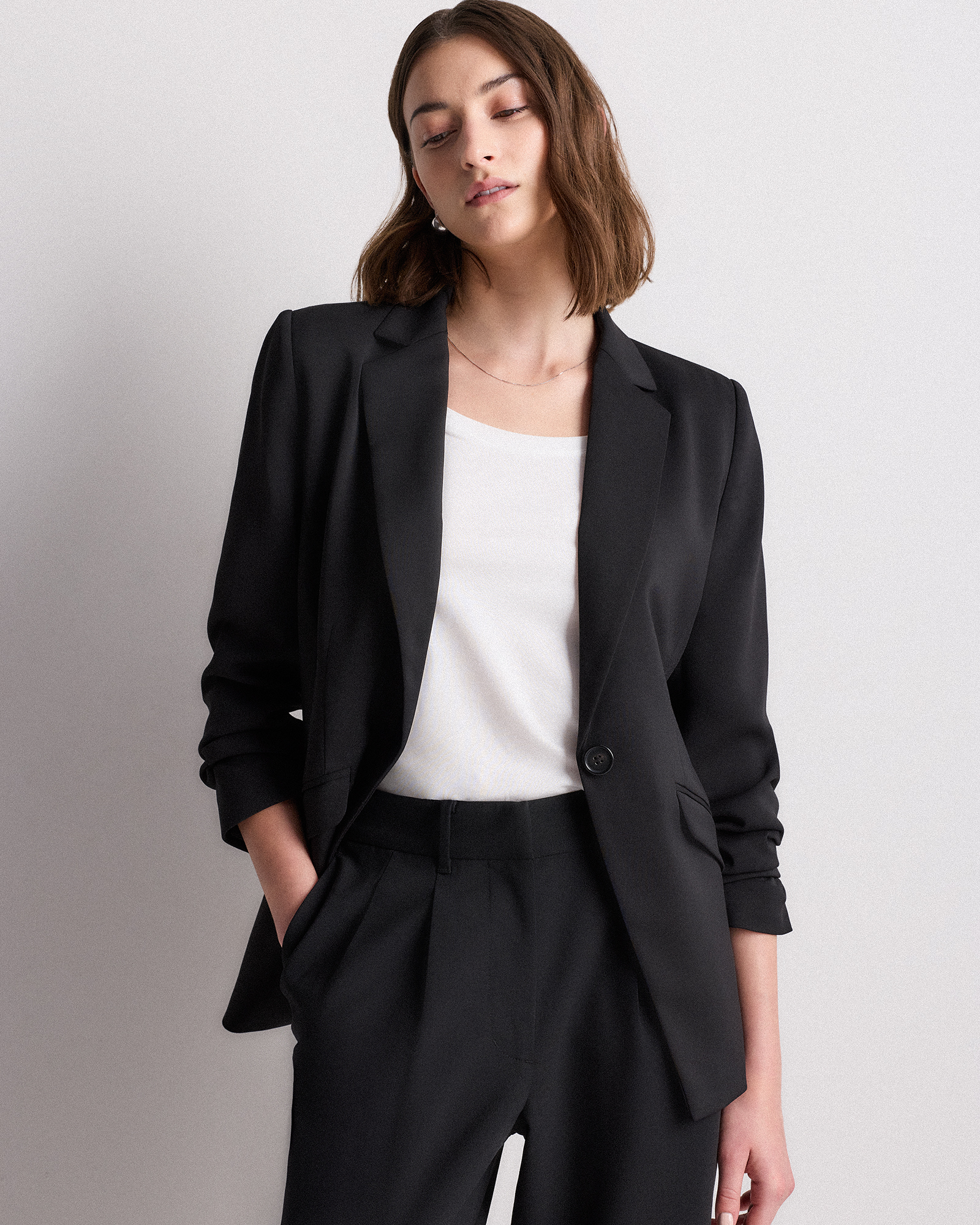 Black Stretch Crepe Cinched Waist Blazer